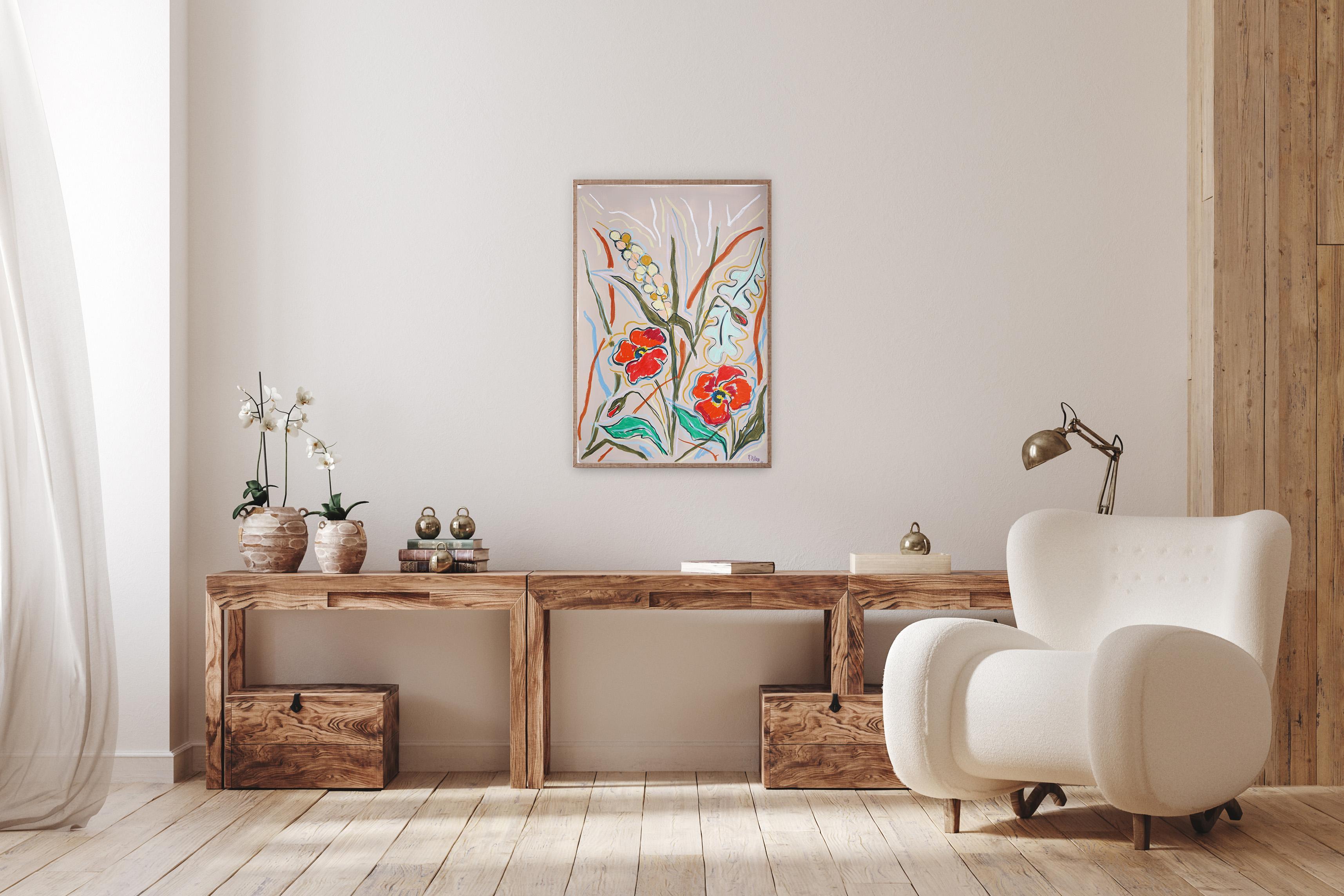 Wheat and Poppies, Botanic Drawing, Expressionist Gestures, Watercolor Paper - Gray Landscape Painting by Romina Milano