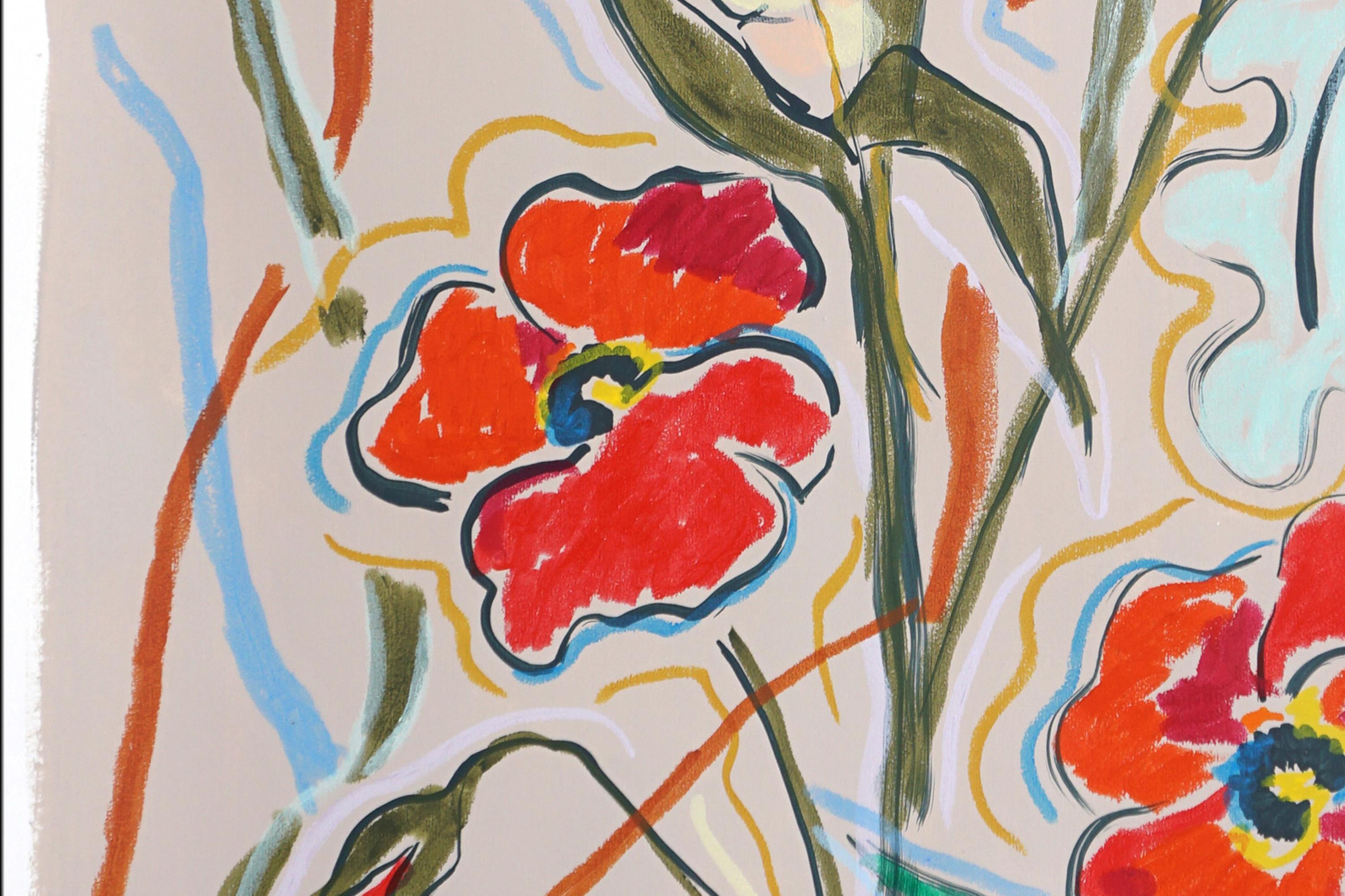 Wheat and Poppies, Botanic Drawing, Expressionist Gestures, Watercolor Paper For Sale 2