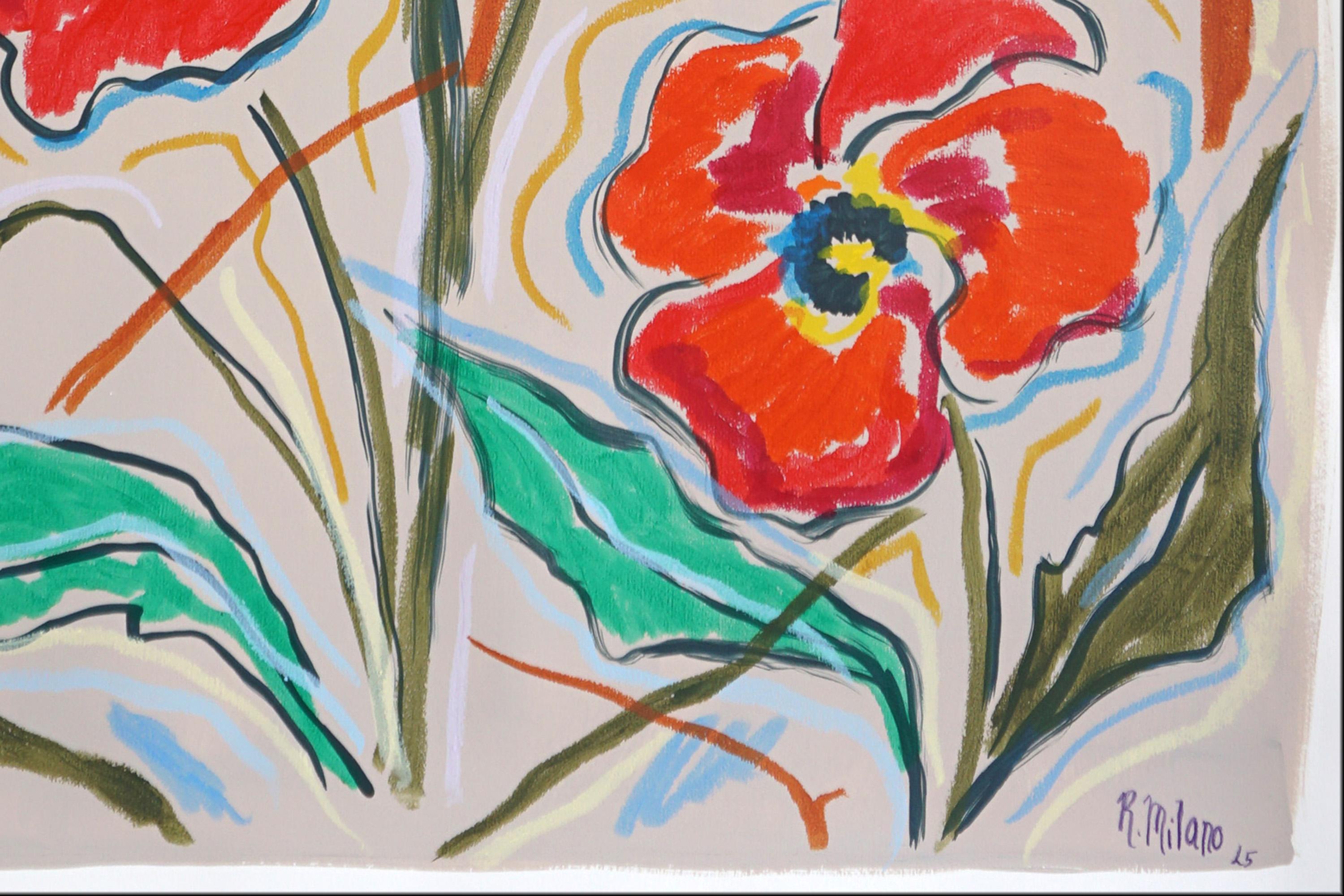 Wheat and Poppies, Botanic Drawing, Expressionist Gestures, Watercolor Paper For Sale 4