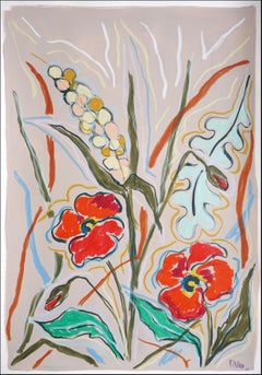 Wheat and Poppies, Botanic Drawing, Expressionist Gestures, Watercolor Paper