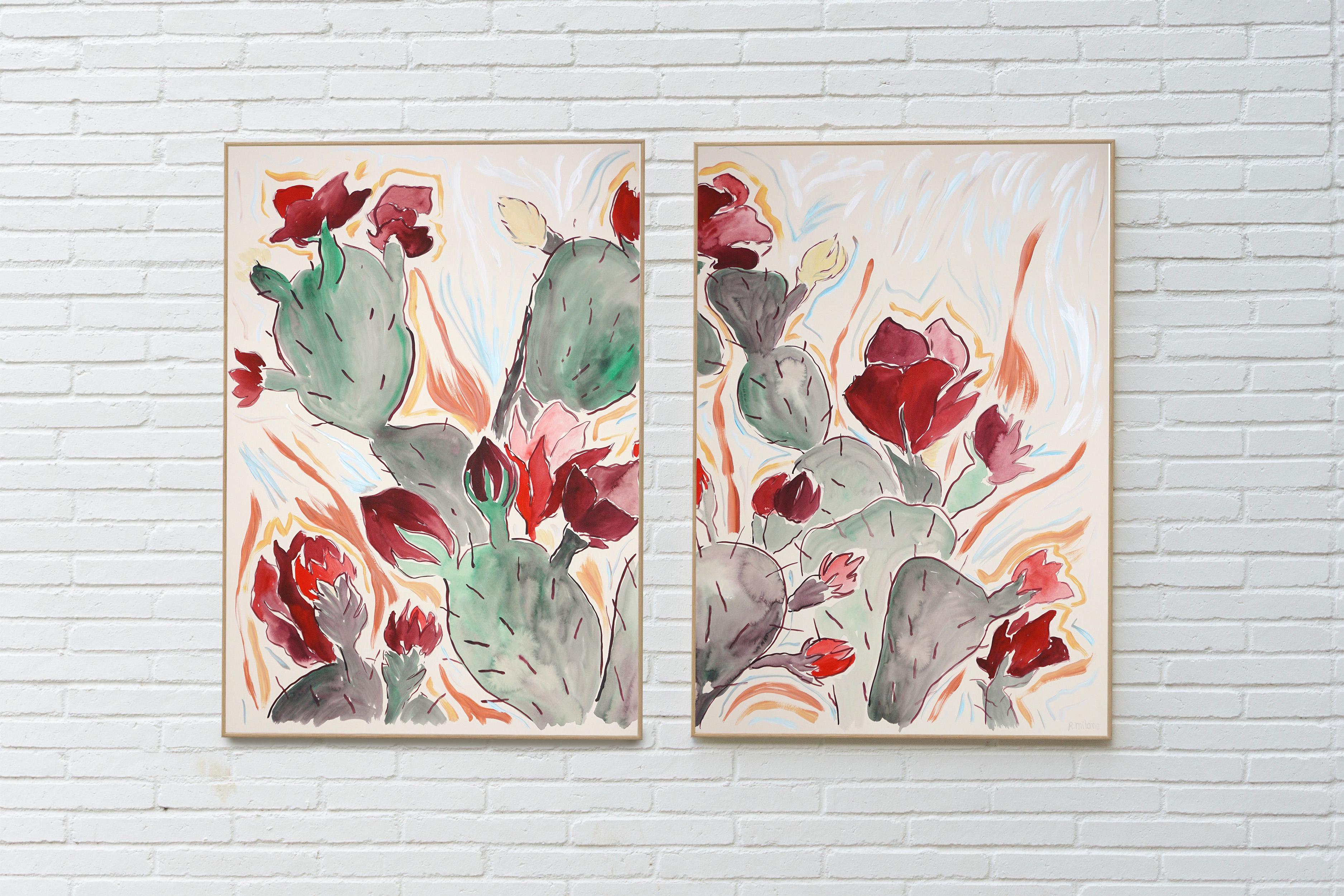 Wild Blooming Cactus Illustration Style Diptych, Red Flowers, Desert Landscape - Painting by Romina Milano