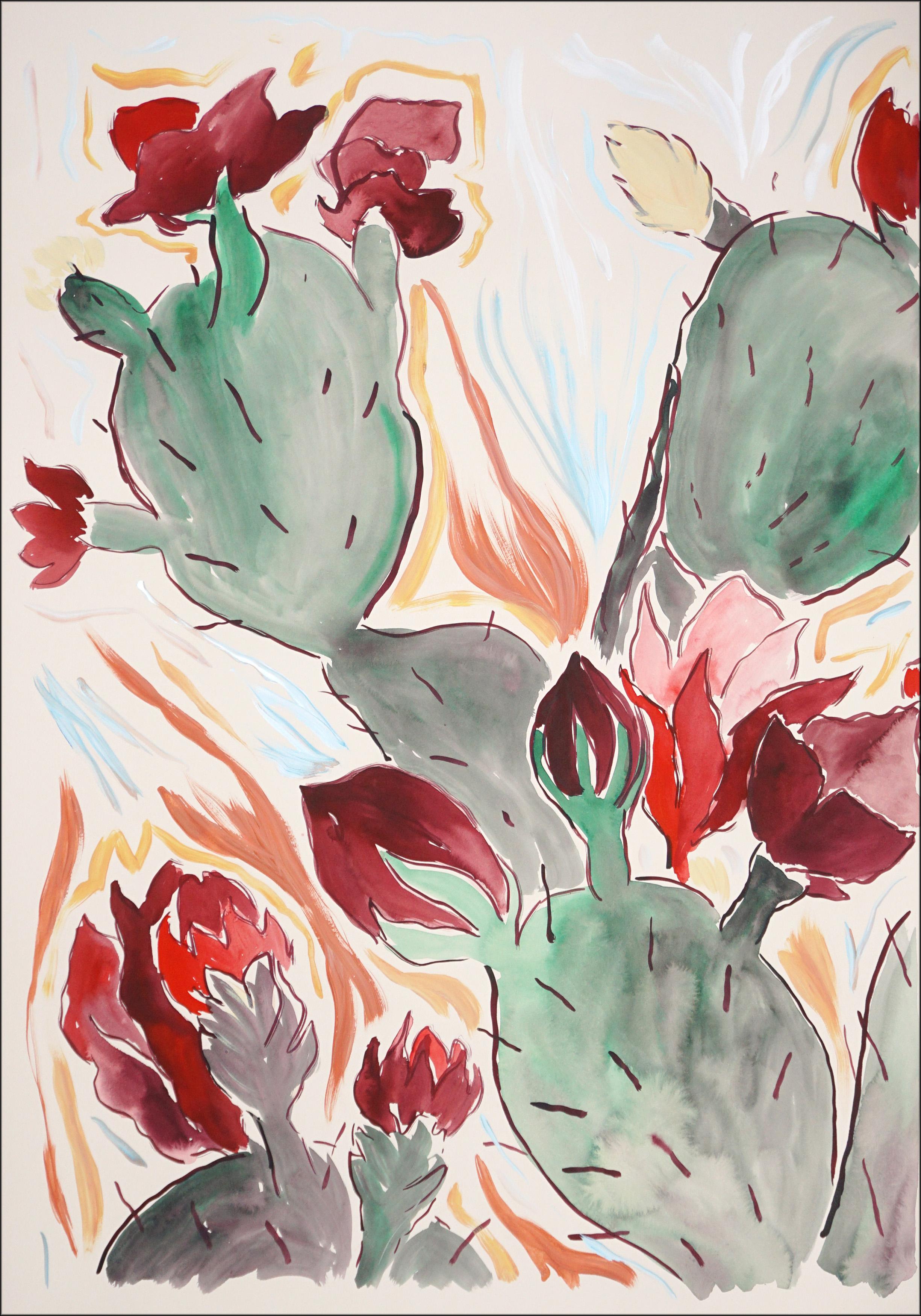 Díptico estilo ilustración de cactus silvestres en flor, flores rojas, paisaje desértico - Landscape Painting Beige de Romina Milano