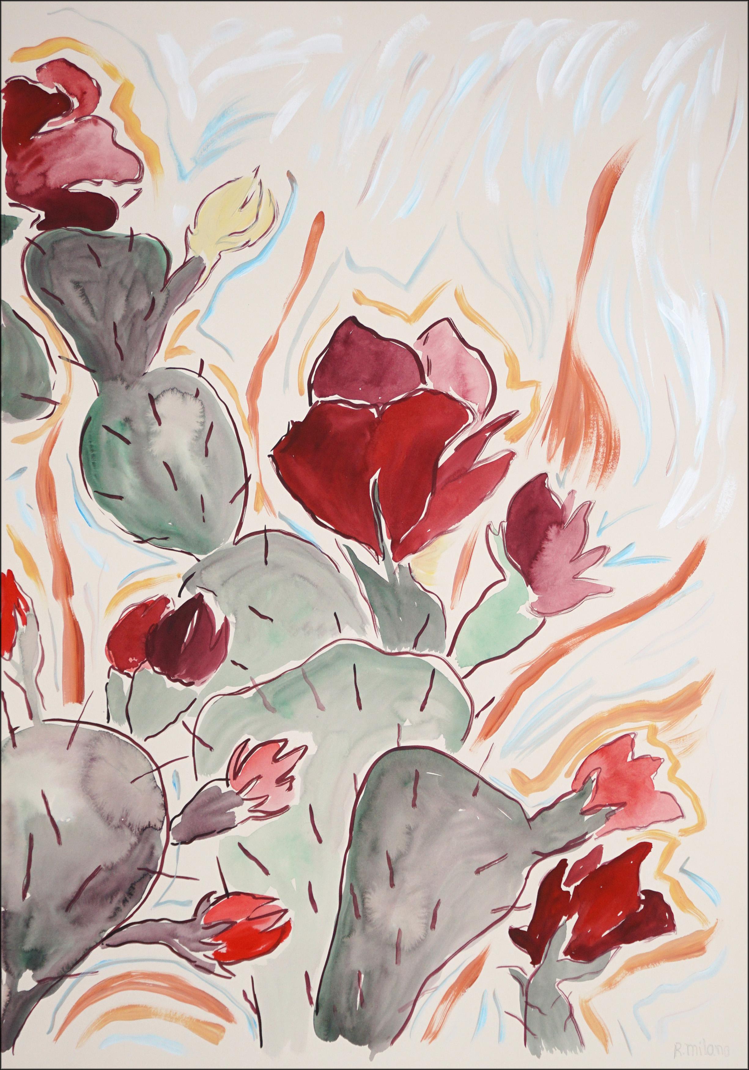 Wild Blooming Cactus Illustration Style Diptych, Red Flowers, Desert Landscape For Sale 1