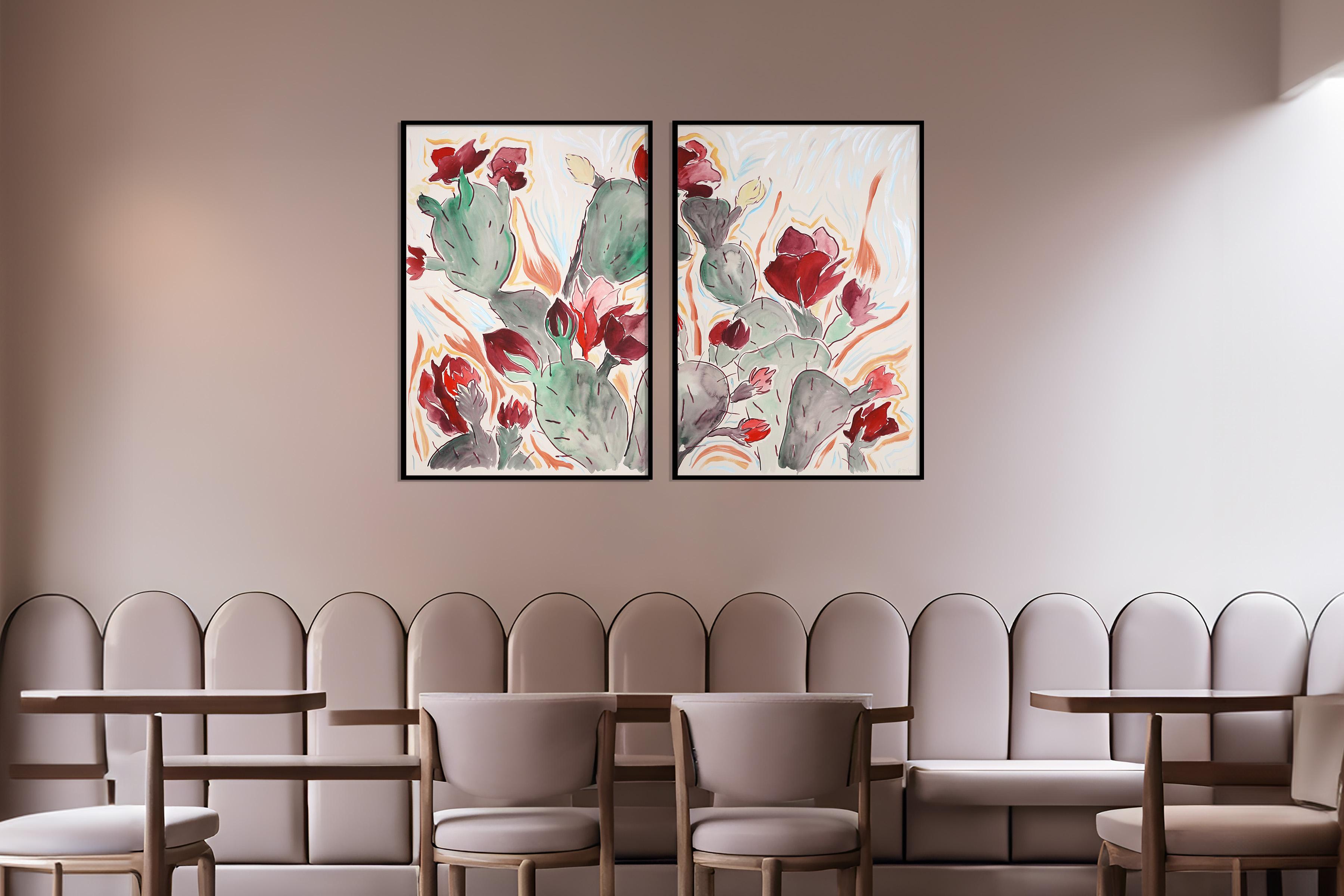 Wild Blooming Cactus Illustration Style Diptych, Red Flowers, Desert Landscape For Sale 2