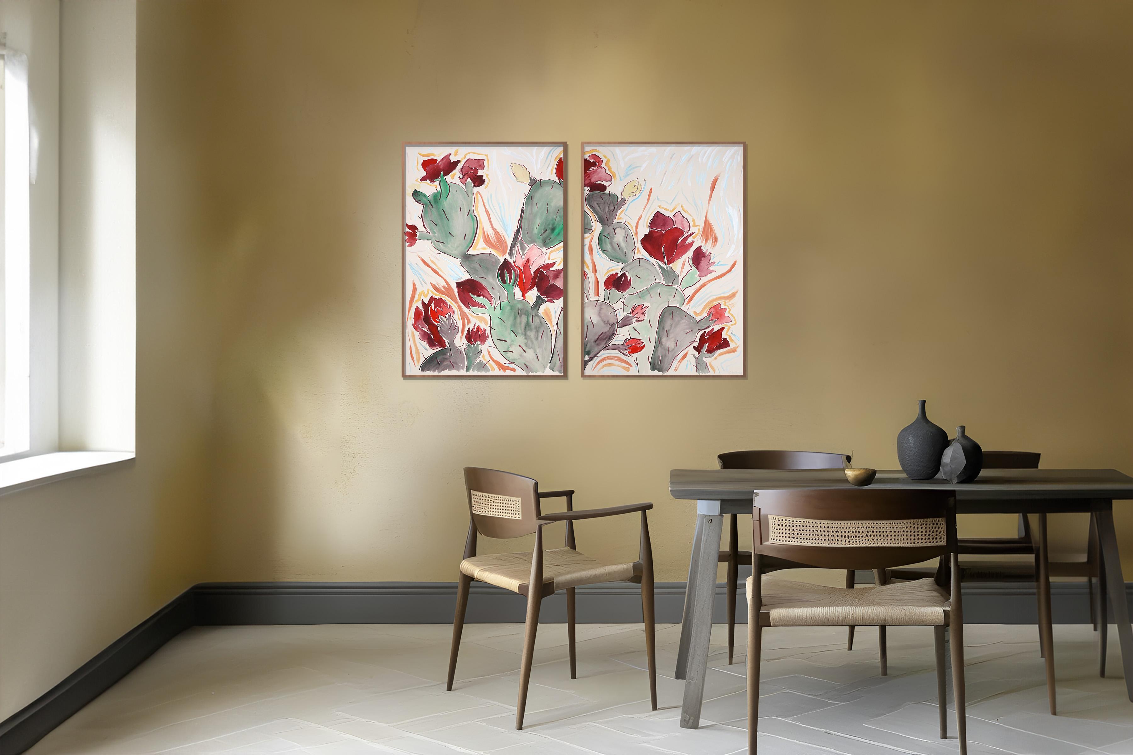 Wild Blooming Cactus Illustration Style Diptych, Red Flowers, Desert Landscape For Sale 3