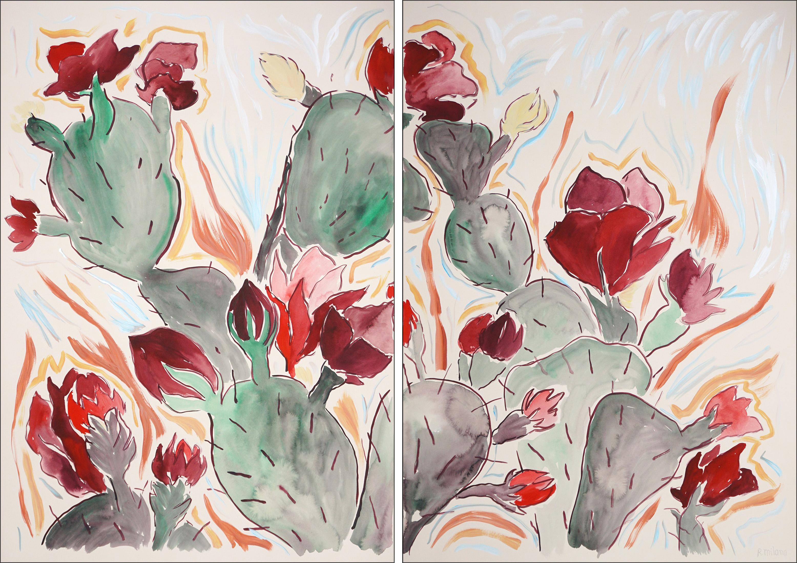Romina Milano Landscape Painting - Wild Blooming Cactus Illustration Style Diptych, Red Flowers, Desert Landscape