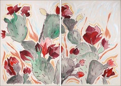 Wild Blooming Cactus Illustration Style Diptych, Red Flowers, Desert Landscape