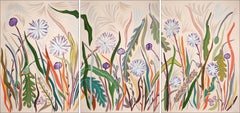 Wild Dandelion Field, Large Triptych of Wild Flowers, Illustration Style, Nature