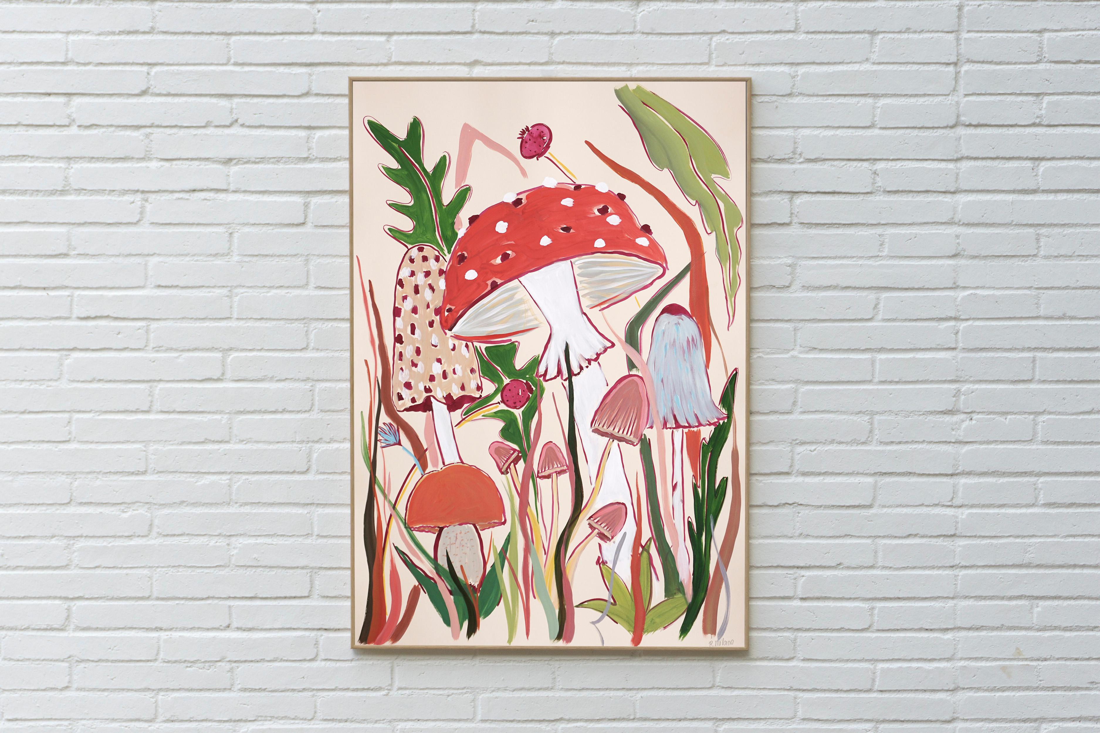 Wild Mushrooms Harvest, Autumn, Magic Nature, Illustration Style, Red Warm Tones - Painting by Romina Milano