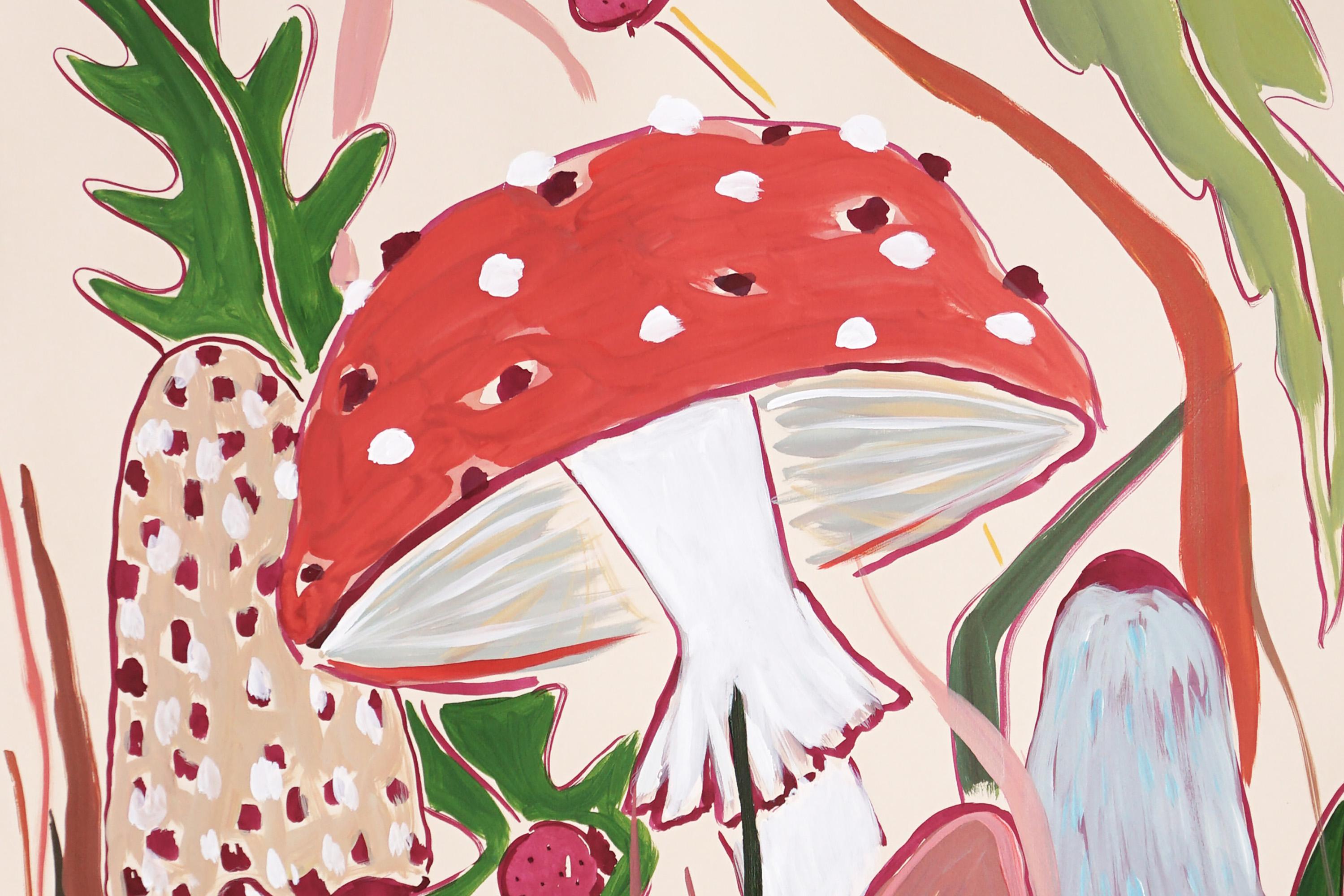 Wild Mushrooms Harvest, Autumn, Magic Nature, Illustration Style, Red Warm Tones - Modern Painting by Romina Milano