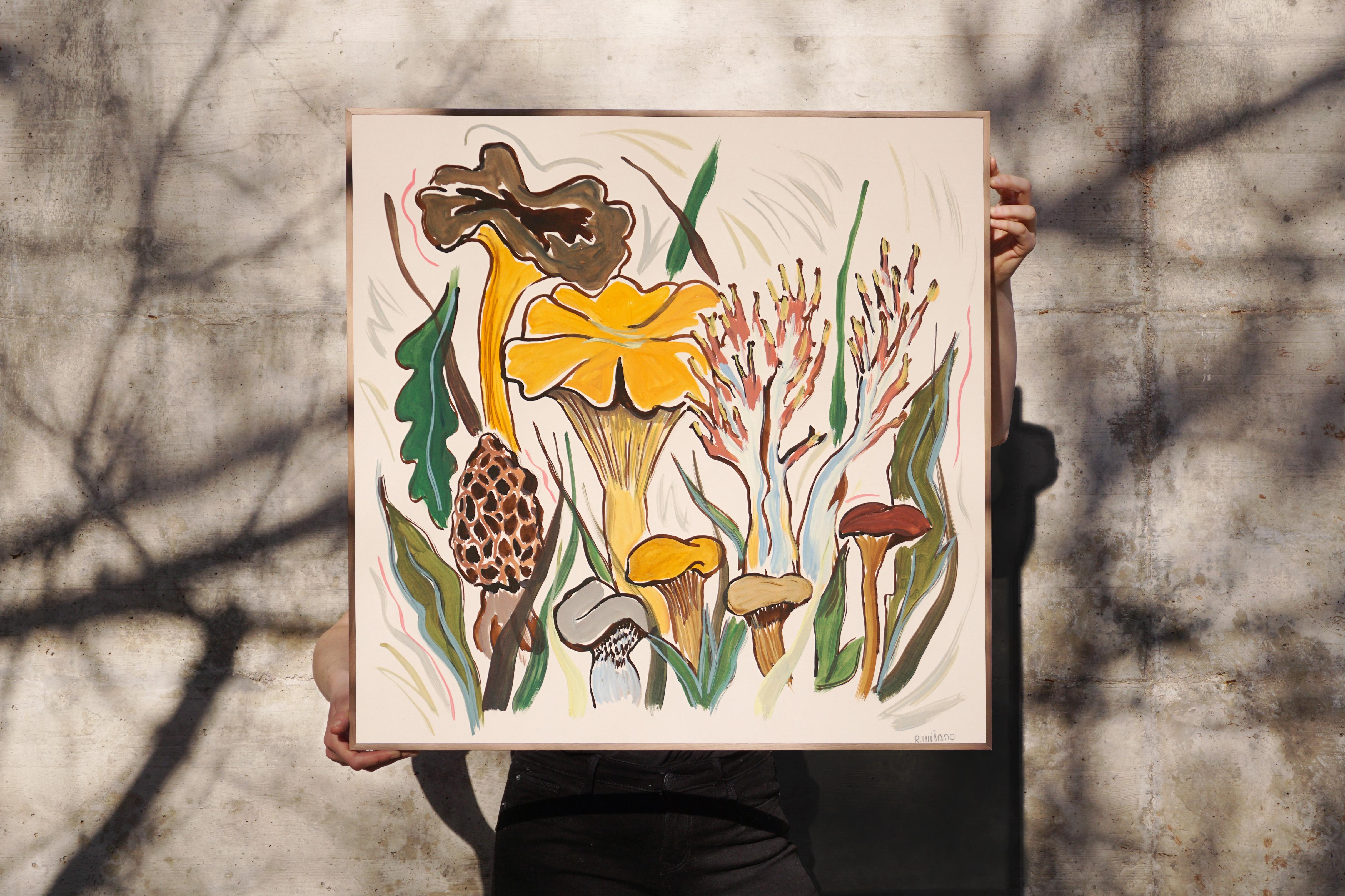 Wild Mushrooms Harvest , Earth Tones Squared Landscape, Illustration Style Brown - Painting by Romina Milano