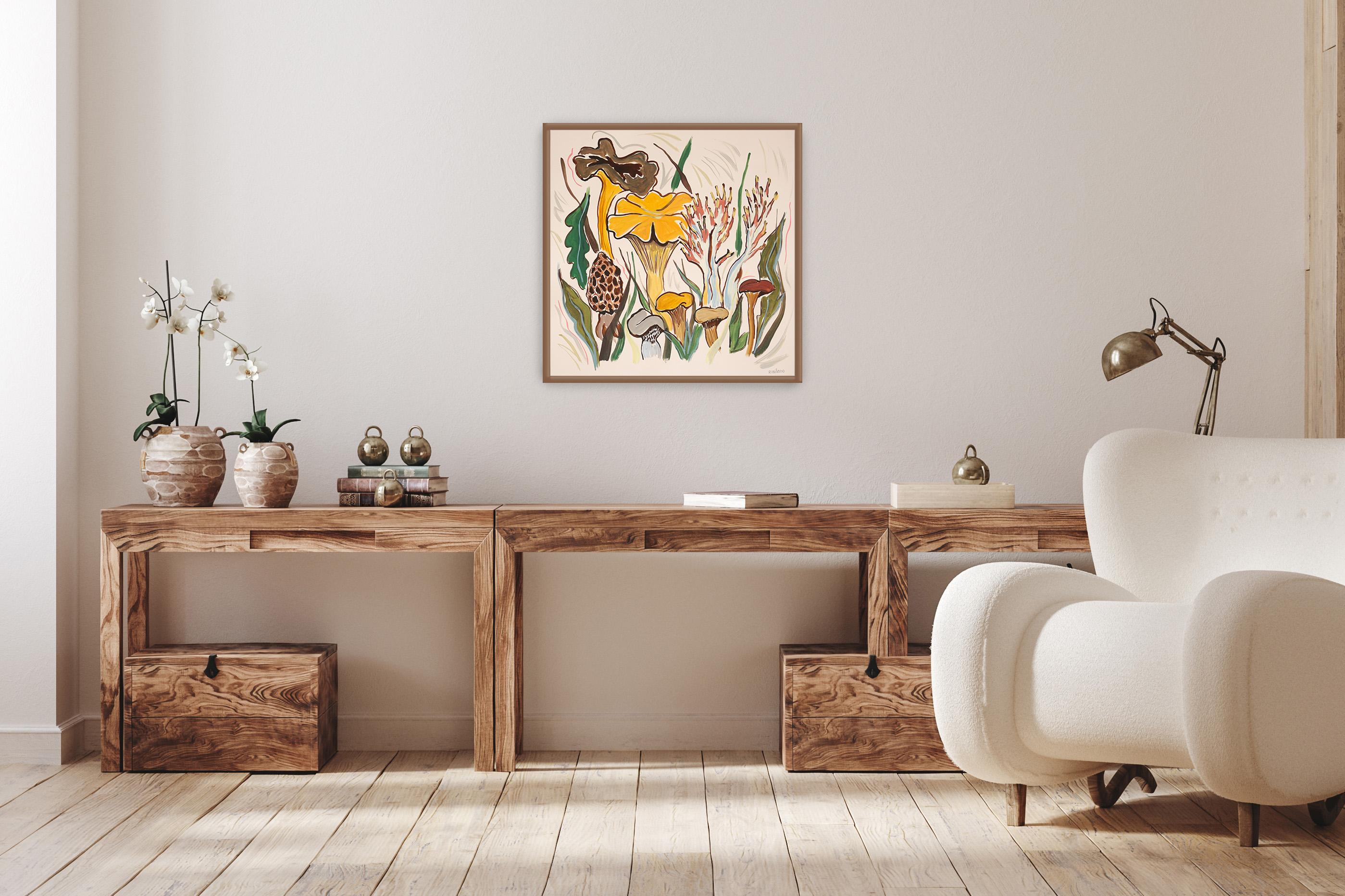 Wild Mushrooms Harvest , Earth Tones Squared Landscape, Illustration Style Brown - Naturalistic Painting by Romina Milano