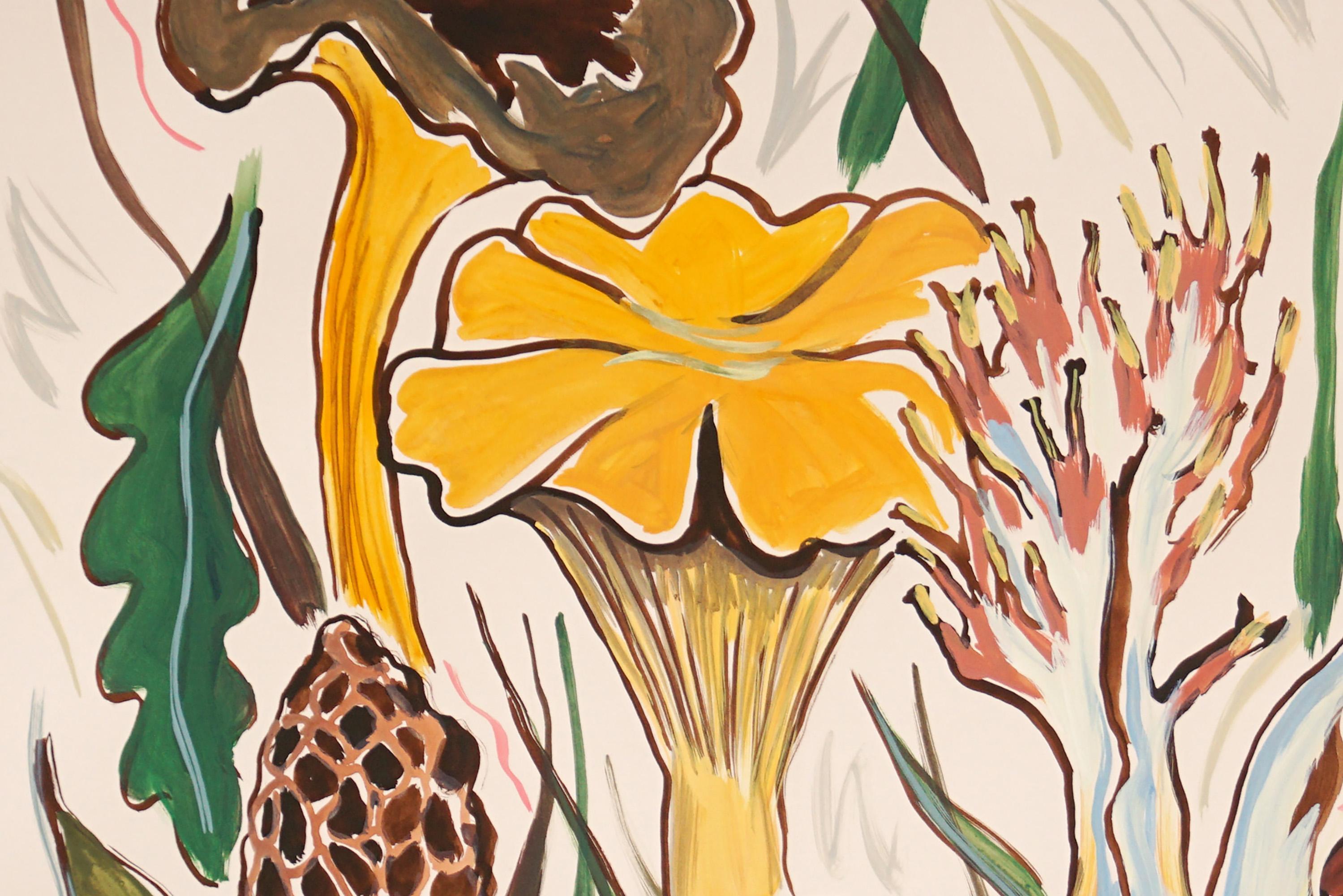 Wild Mushrooms Harvest , Earth Tones Squared Landscape, Illustration Style Brown 2