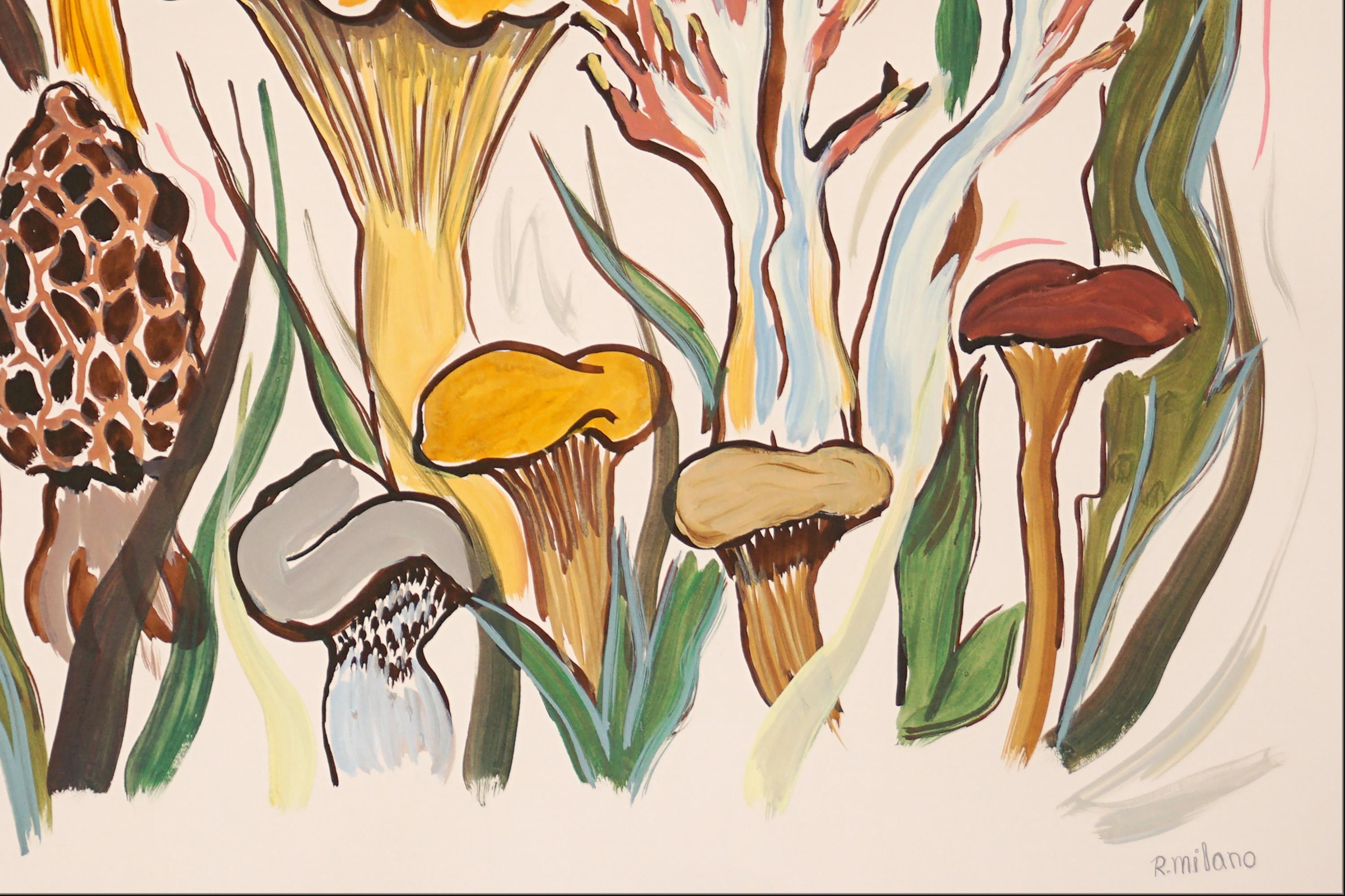 Wild Mushrooms Harvest , Earth Tones Squared Landscape, Illustration Style Brown 3