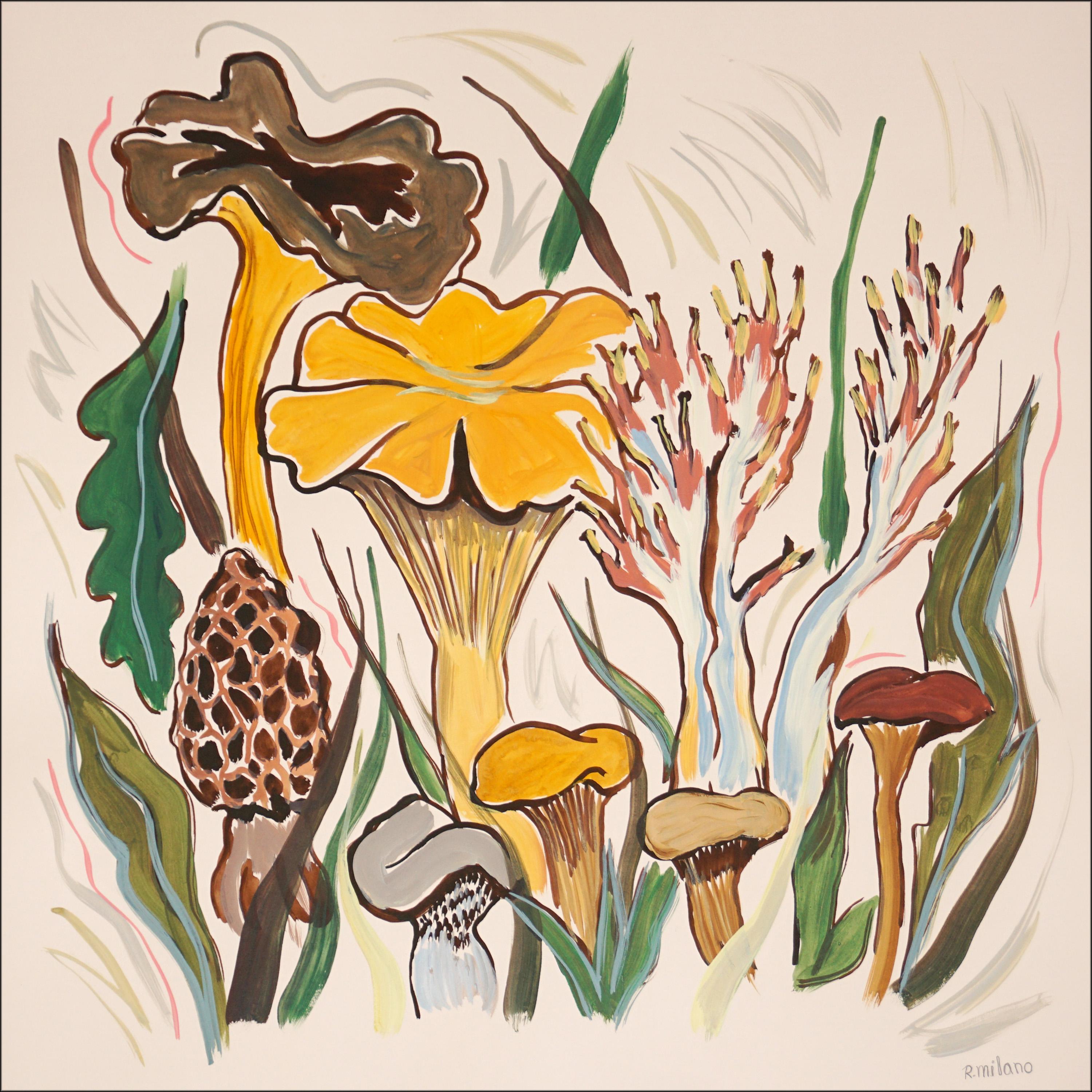 Romina Milano Still-Life Painting - Wild Mushrooms Harvest , Earth Tones Squared Landscape, Illustration Style Brown