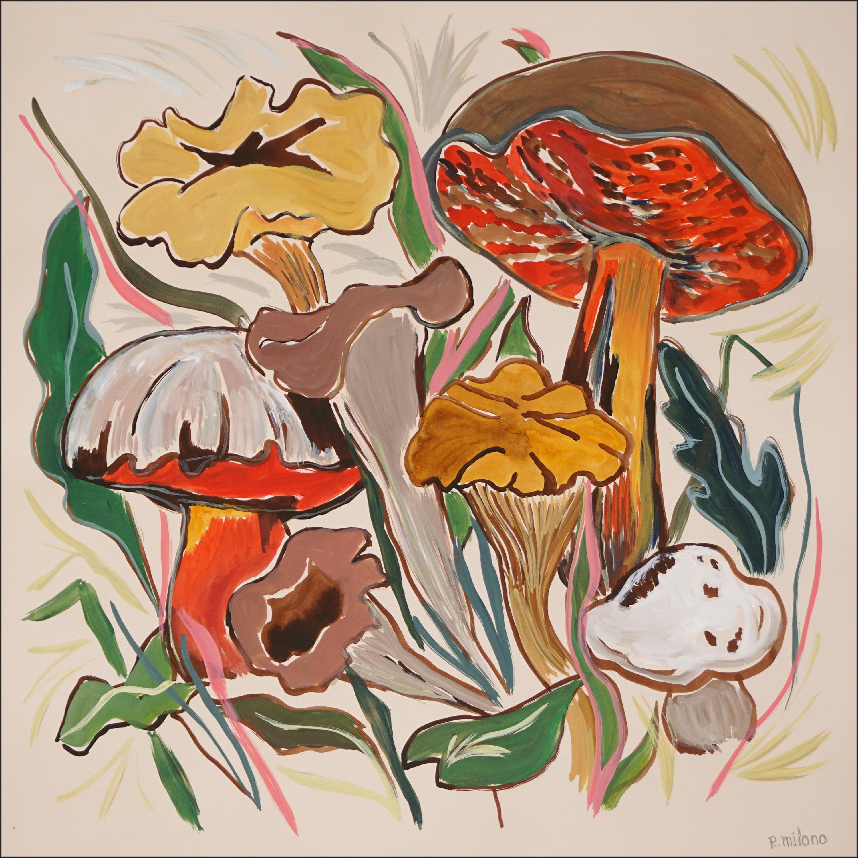 Romina Milano Still-Life Painting - Wild Mushrooms Harvest , Earth Tones Squared Landscape, Illustration Style, Red