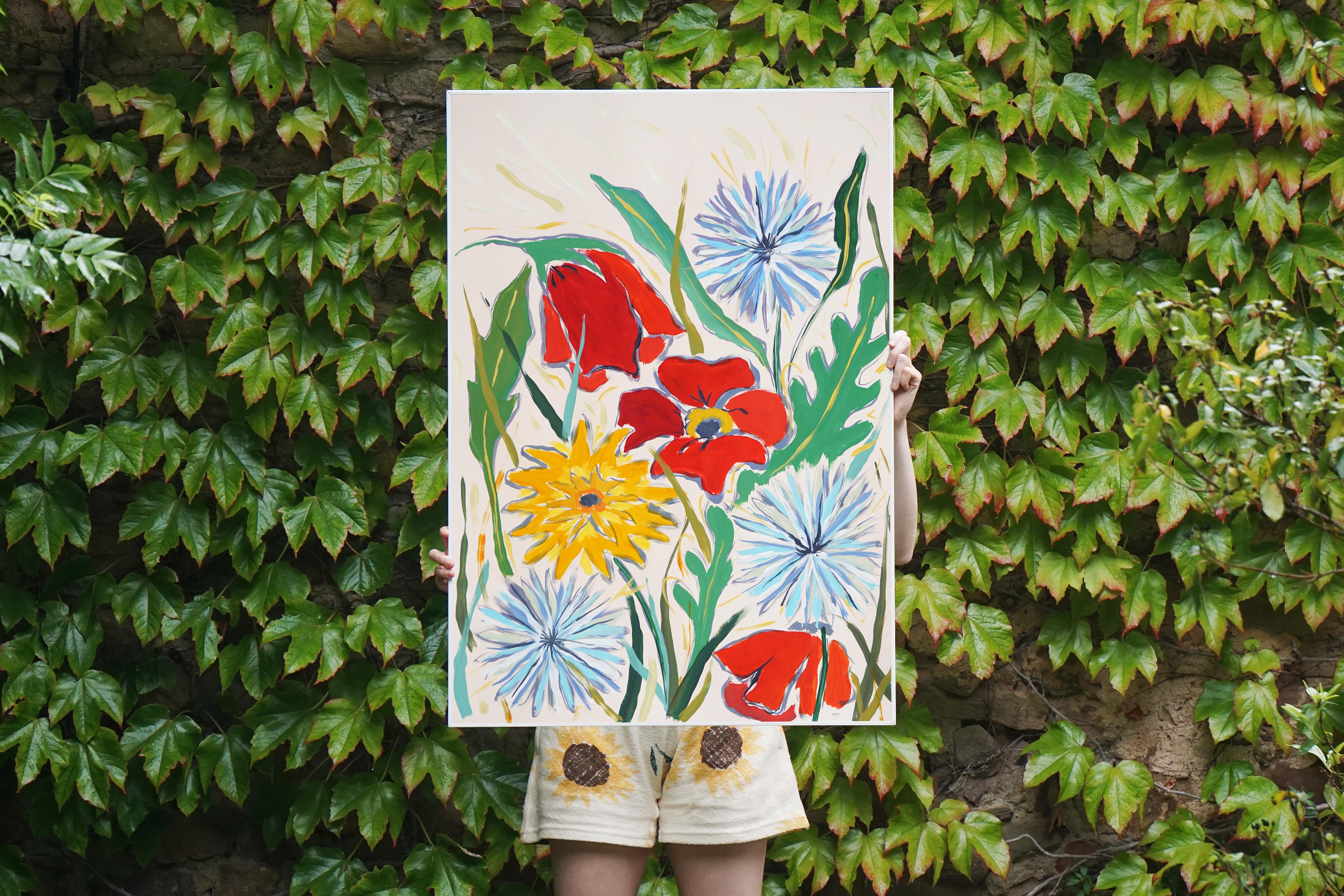 Flores silvestres de verano en champán, pradera en flor, amapolas estilo ilustración - Painting de Romina Milano