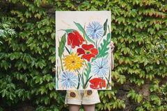 Wild Summer Flowers in Champagne, Blooming Prairie, Illustration Style Poppies