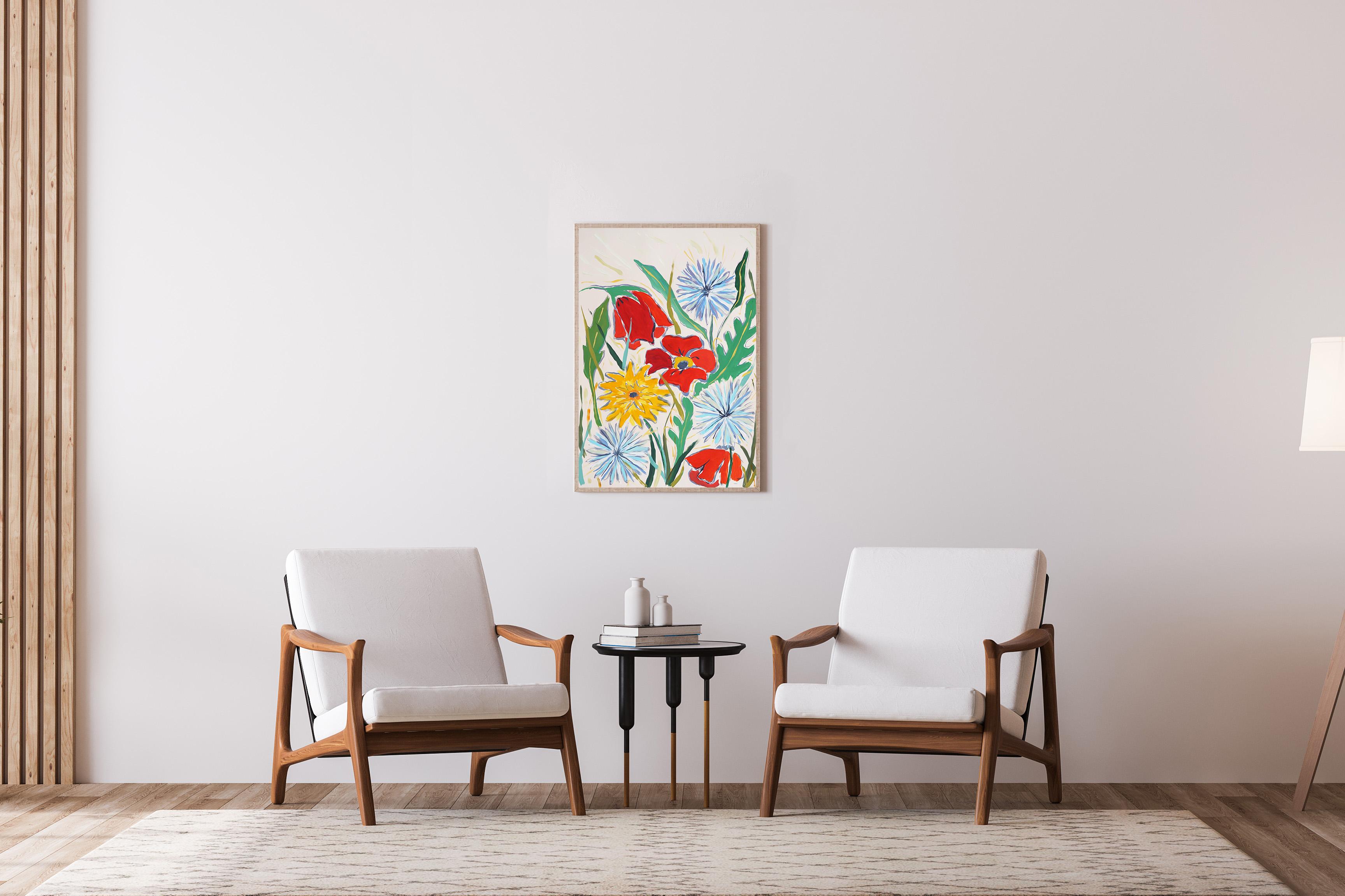 Flores silvestres de verano en champán, pradera en flor, amapolas estilo ilustración - Landscape Painting Gris de Romina Milano