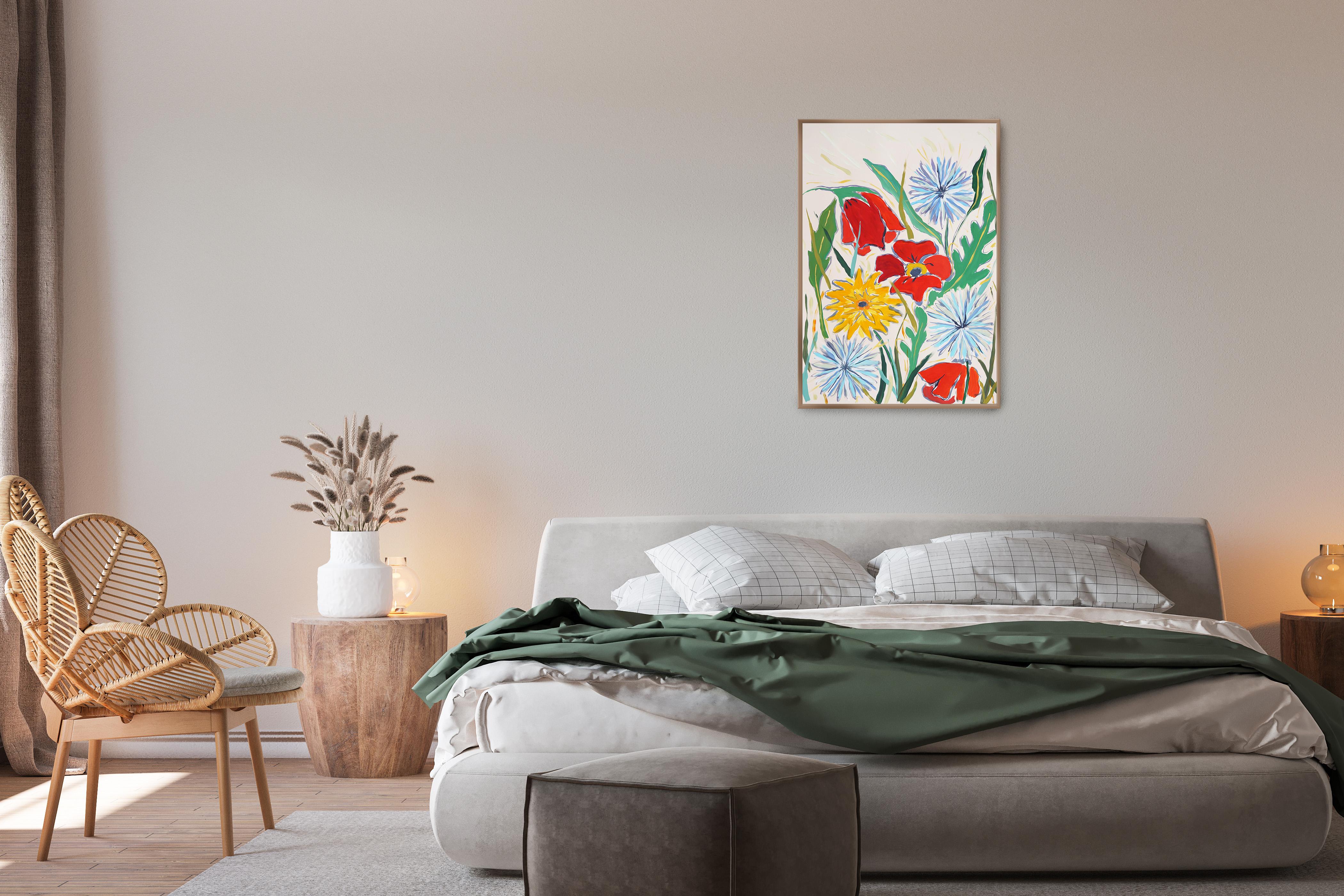 Flores silvestres de verano en champán, pradera en flor, amapolas estilo ilustración en venta 1