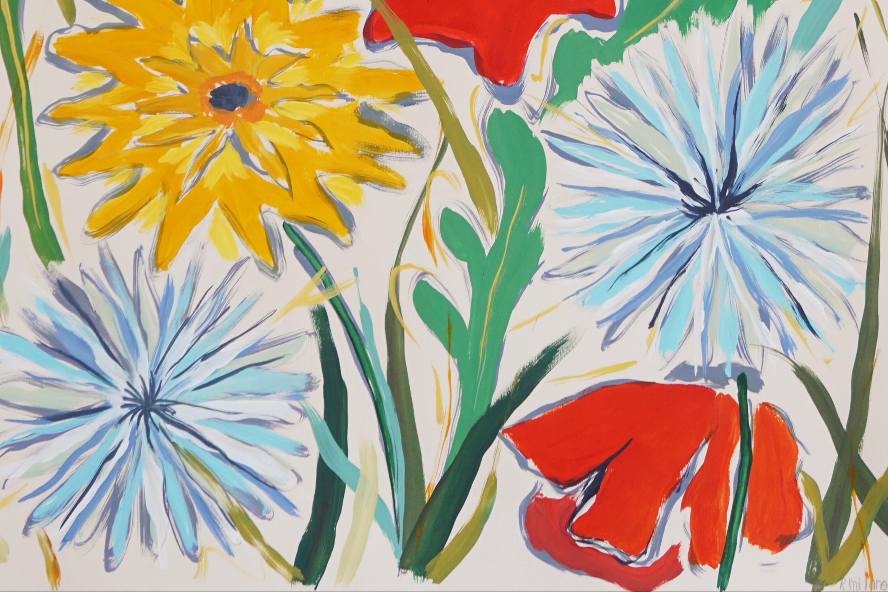 Flores silvestres de verano en champán, pradera en flor, amapolas estilo ilustración en venta 2