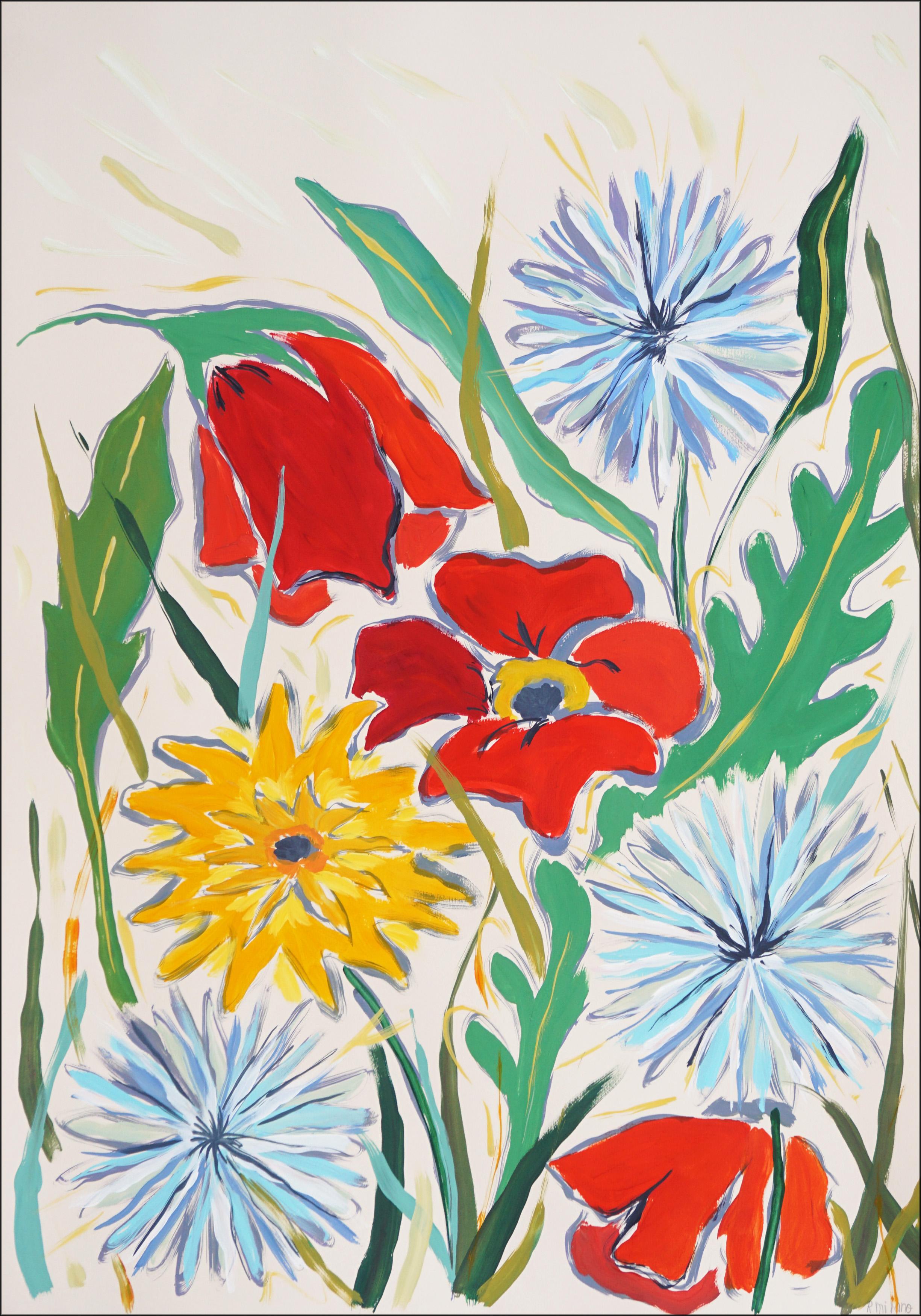 Flores silvestres de verano en champán, pradera en flor, amapolas estilo ilustración