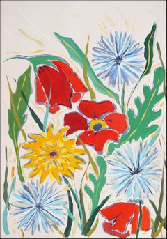 Flores silvestres de verano en champán, pradera en flor, amapolas estilo ilustración