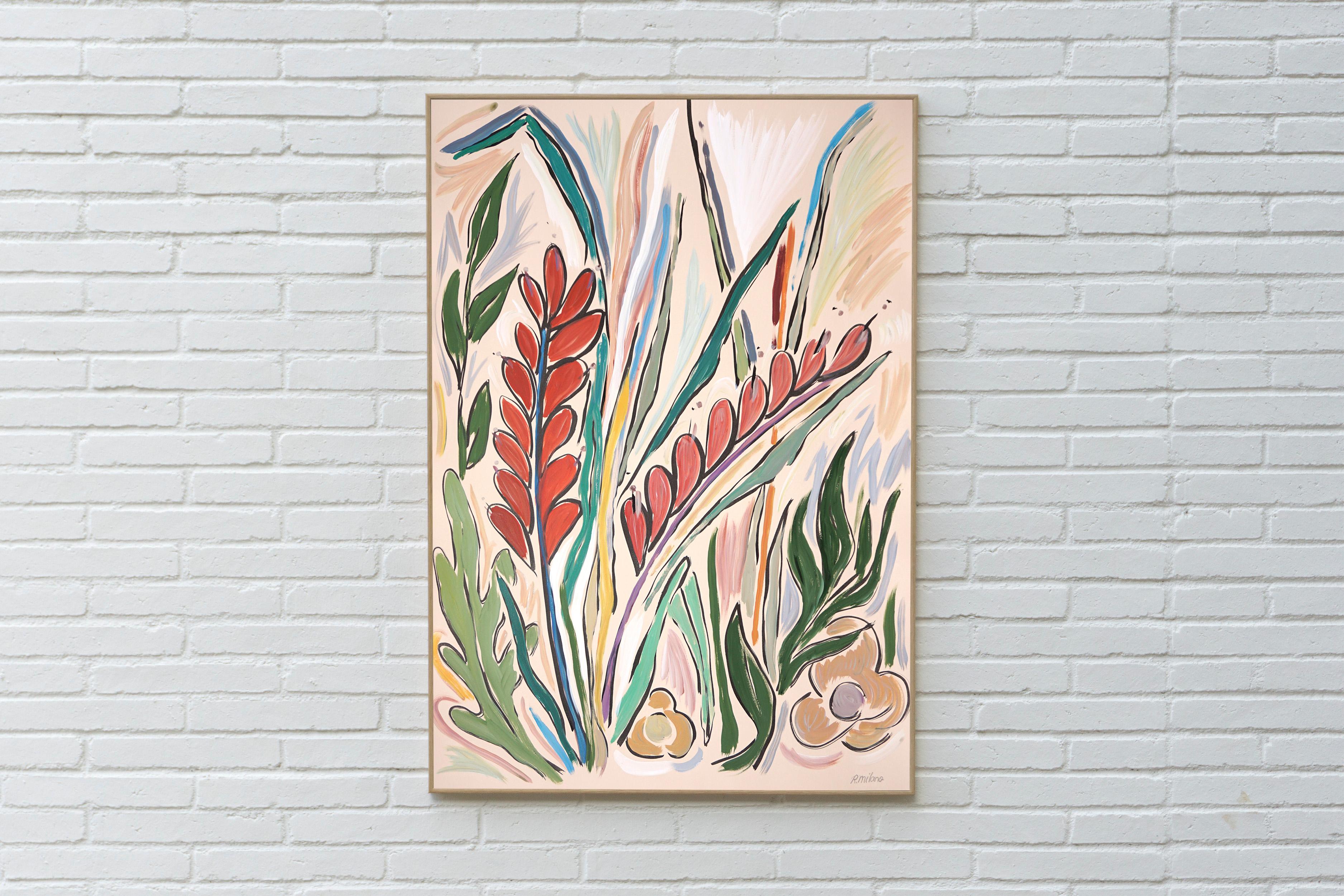 Lande selvagge e umide, gesti espressionisti, flora in stile illustrazione, verde, rosso - Painting di Romina Milano