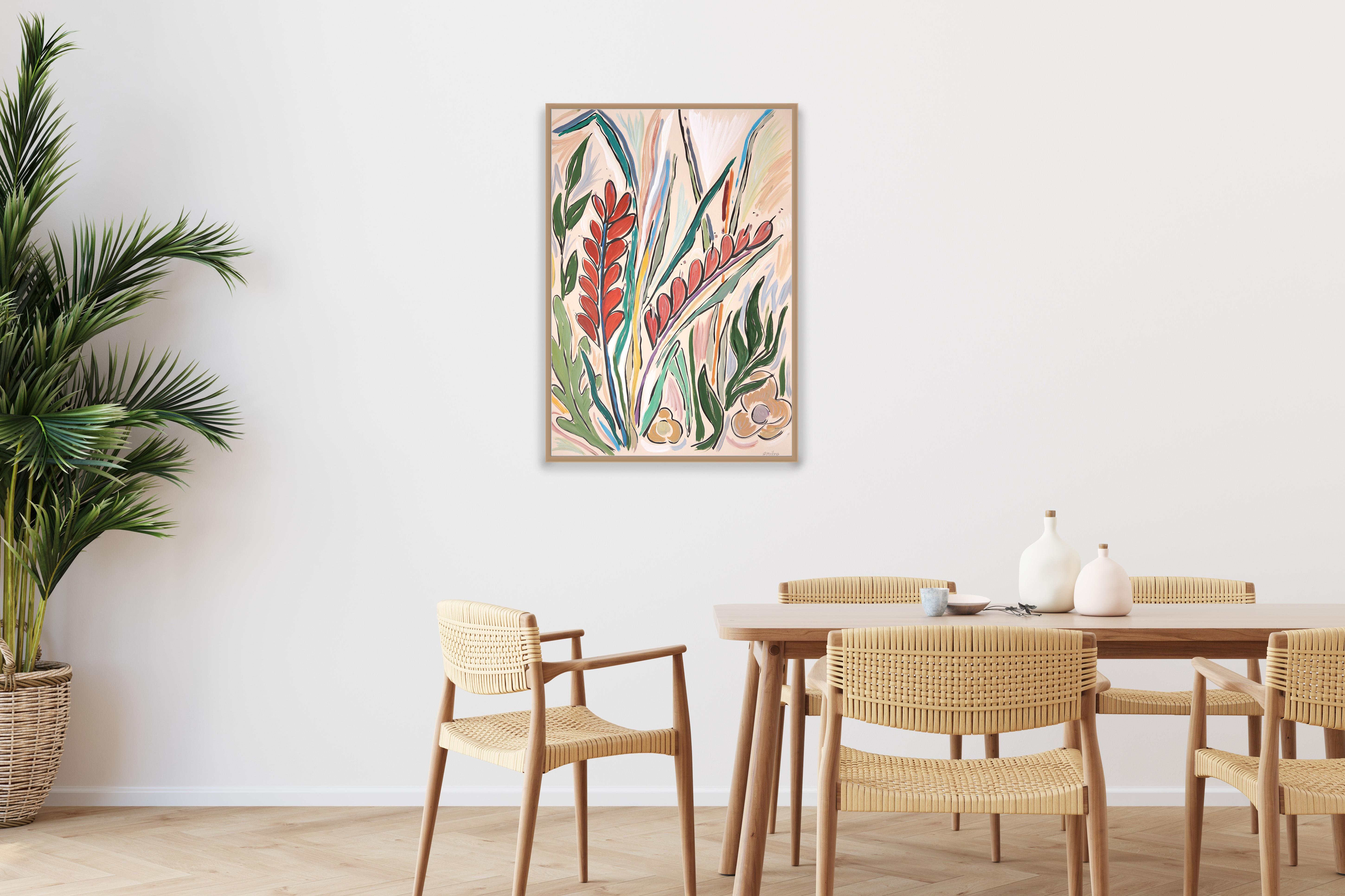 Lande selvagge e umide, gesti espressionisti, flora in stile illustrazione, verde, rosso - Landscape Painting Beige di Romina Milano