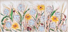 Yellow and Gray Dandelion Field, Large Triptych, Spring Wild Flowers