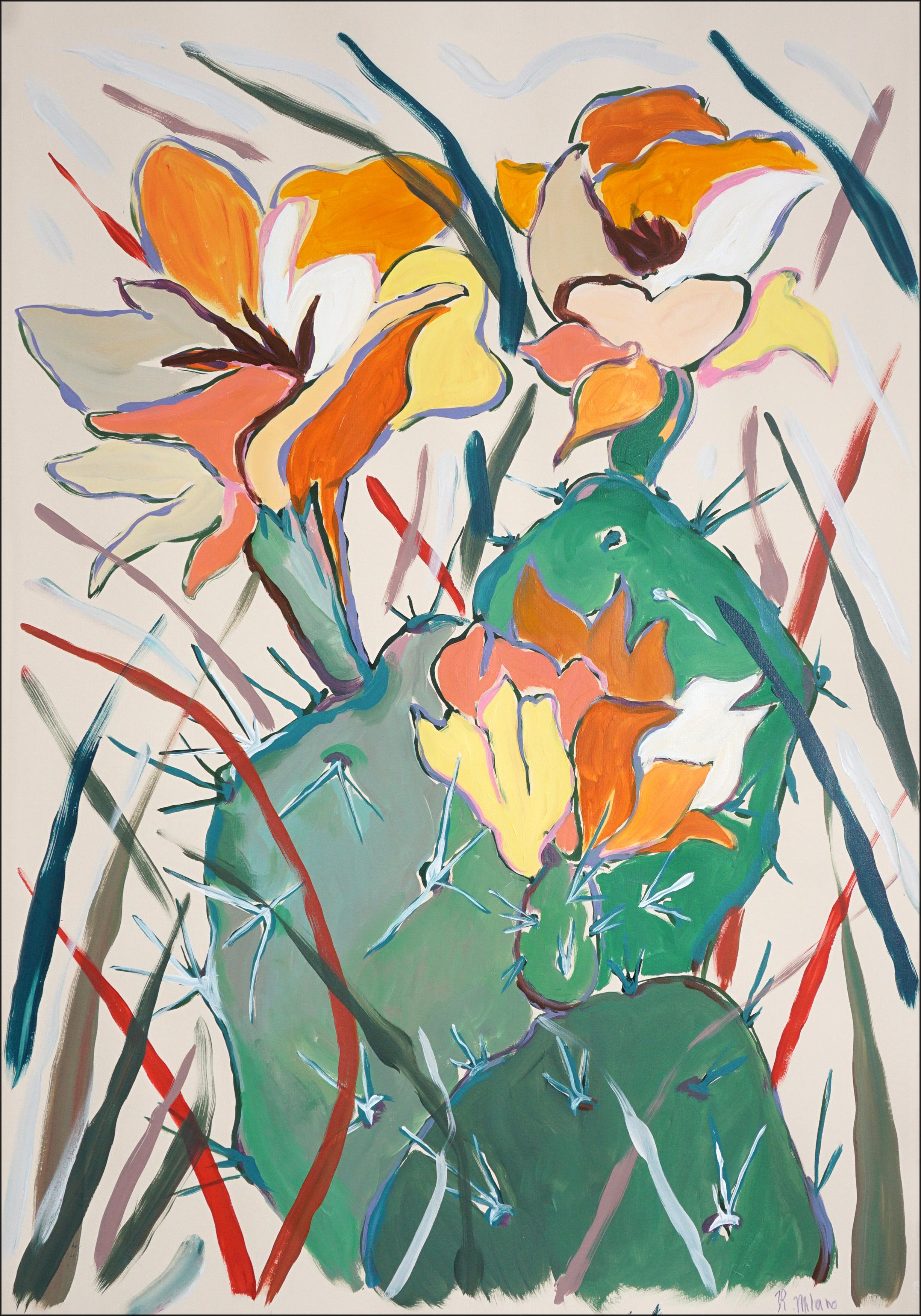 Flores de Cactus Amarillas, Pintura Botánica Figurativa, Estilo Ilustración sobre Papel - Painting de Romina Milano