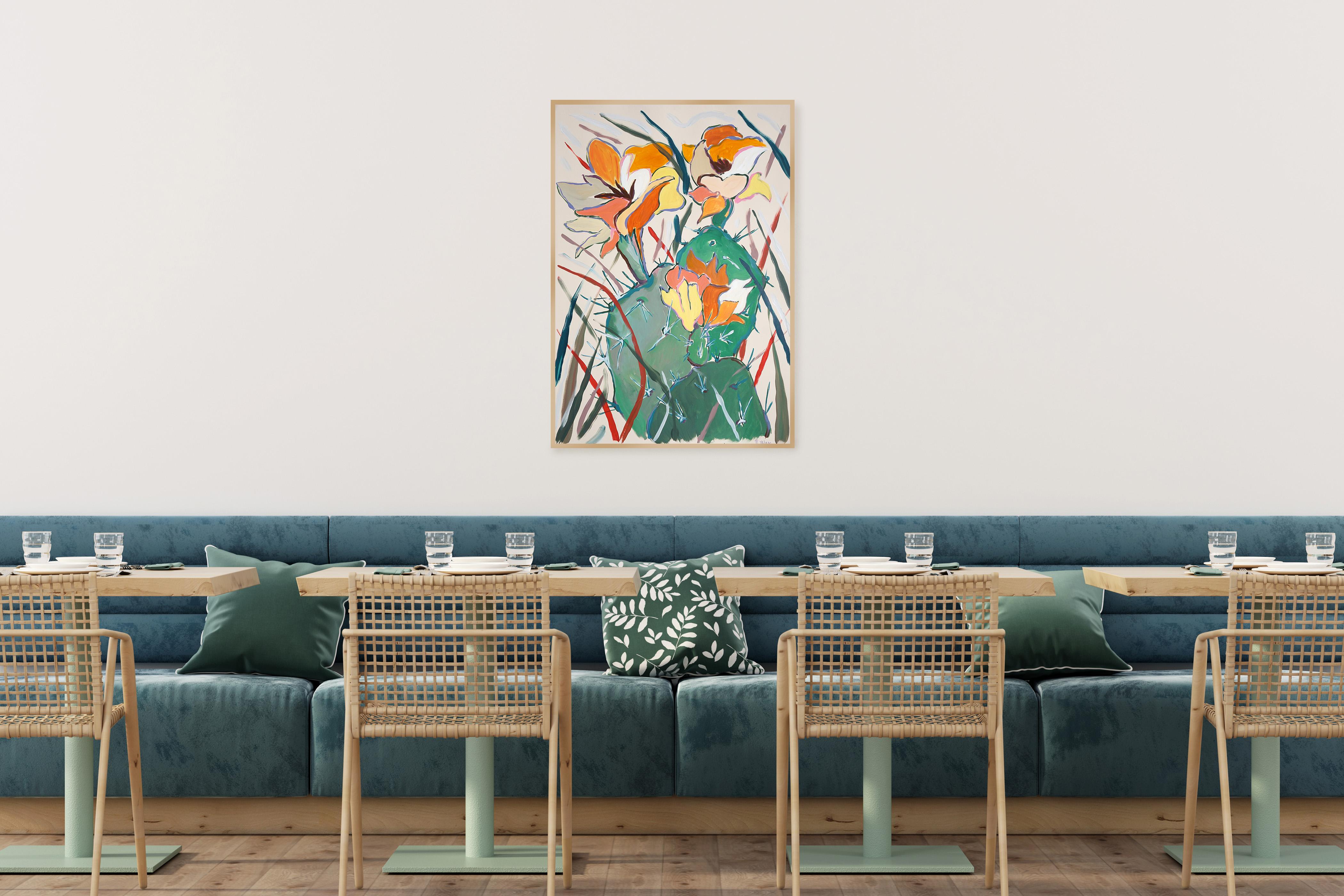 Esta pintura de estilo ilustrativo se inspira en las flores silvestres del desierto de California. Presenta vibrantes flores de cactus amarillas, captando la delicada belleza de las flores sobre su fondo crudo. 

Romina Milano es una artista