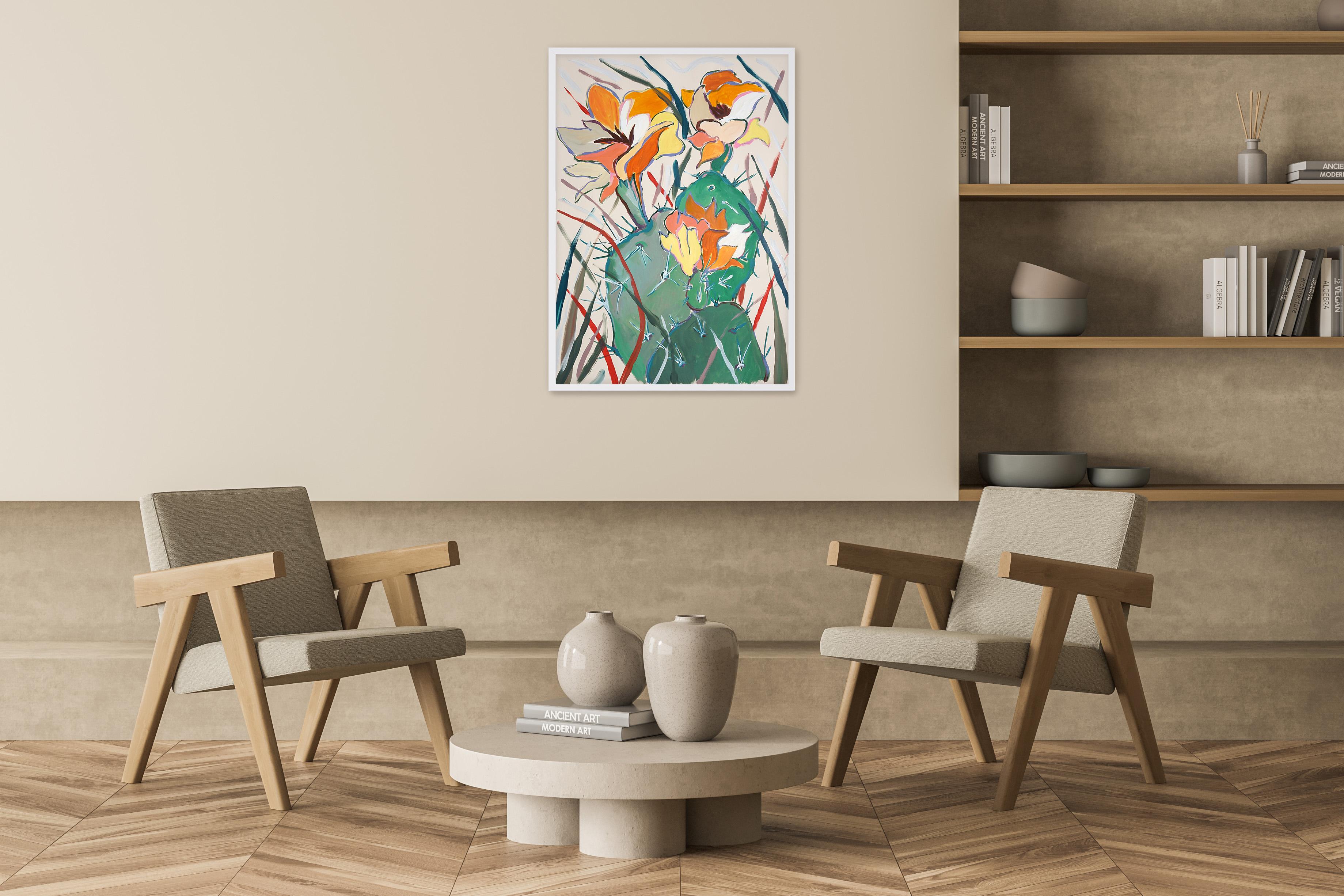 Flores de Cactus Amarillas, Pintura Botánica Figurativa, Estilo Ilustración sobre Papel en venta 2