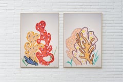 Yellow Coral Bouquets, Organic Floral Abstraction Diptych, Gouache Crayon, Paper