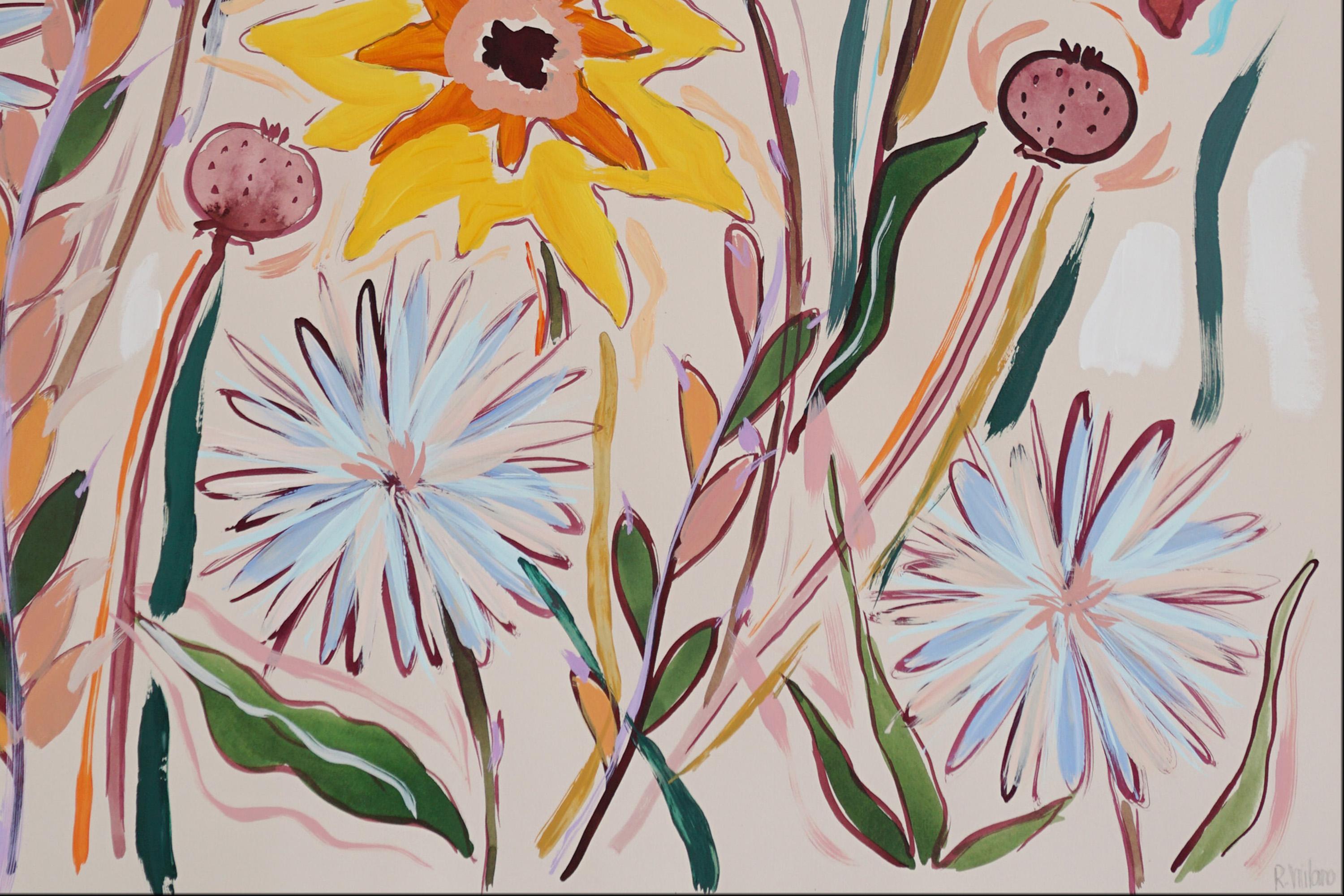 Yellow and Gray Dandelion Field, Large Triptych, Spring Wild Flowers 6