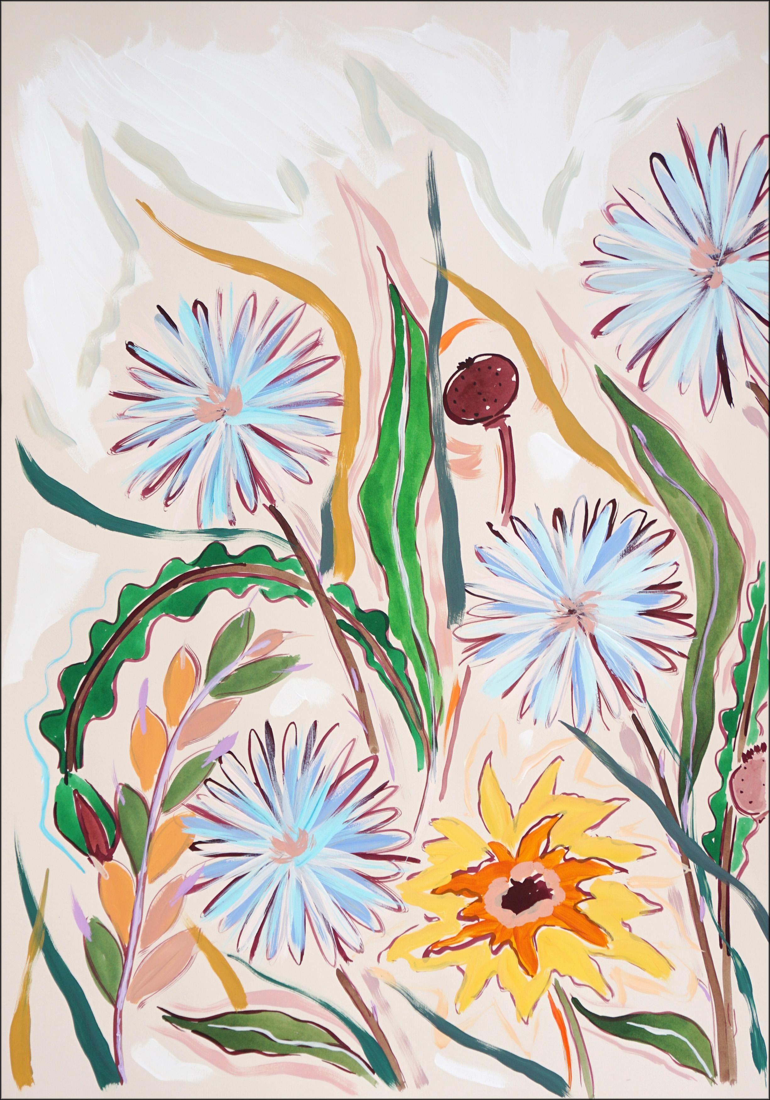 Yellow and Gray Dandelion Field, Large Triptych, Spring Wild Flowers - Naturalistic Painting by Romina Milano