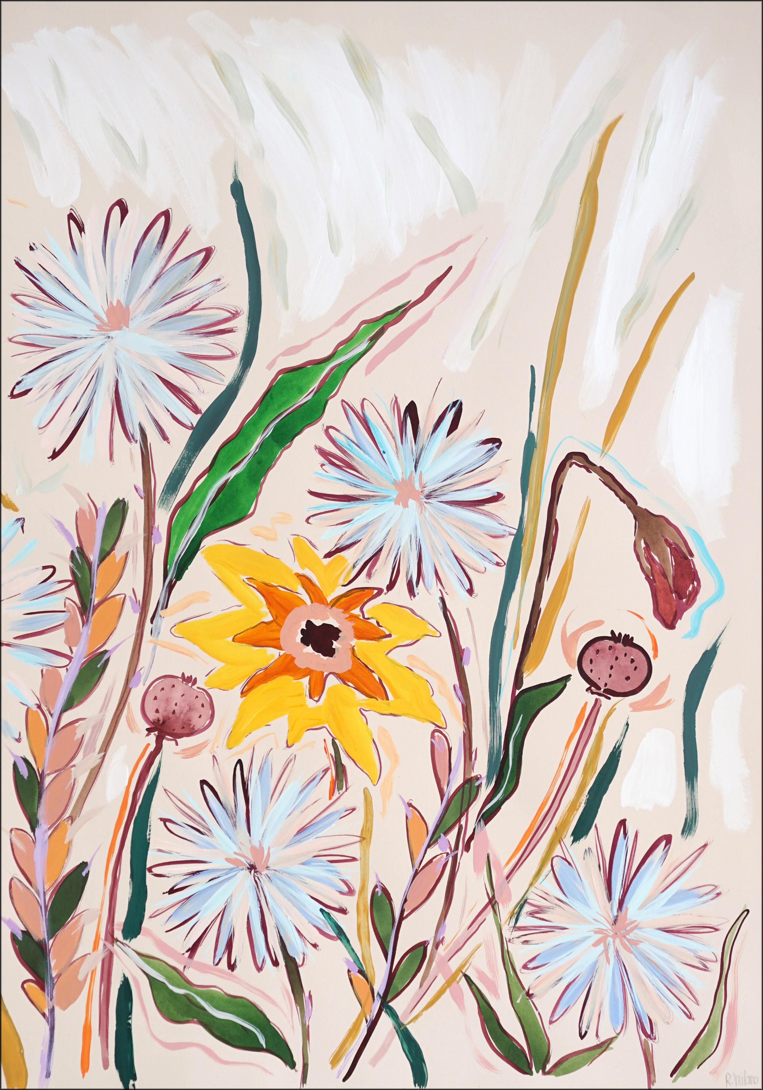 Yellow and Gray Dandelion Field, Large Triptych, Spring Wild Flowers 1