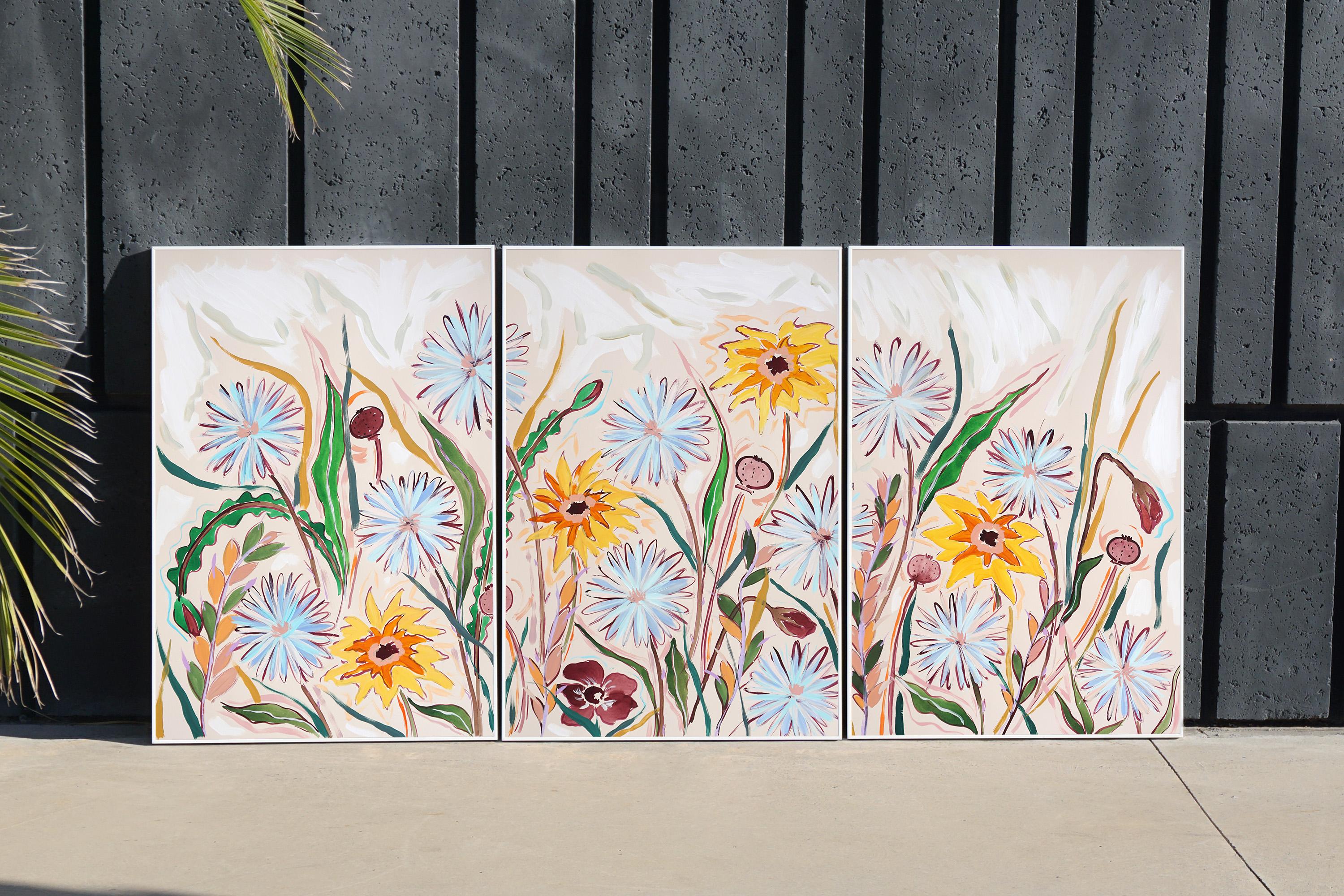 Yellow and Gray Dandelion Field, Large Triptych, Spring Wild Flowers 2