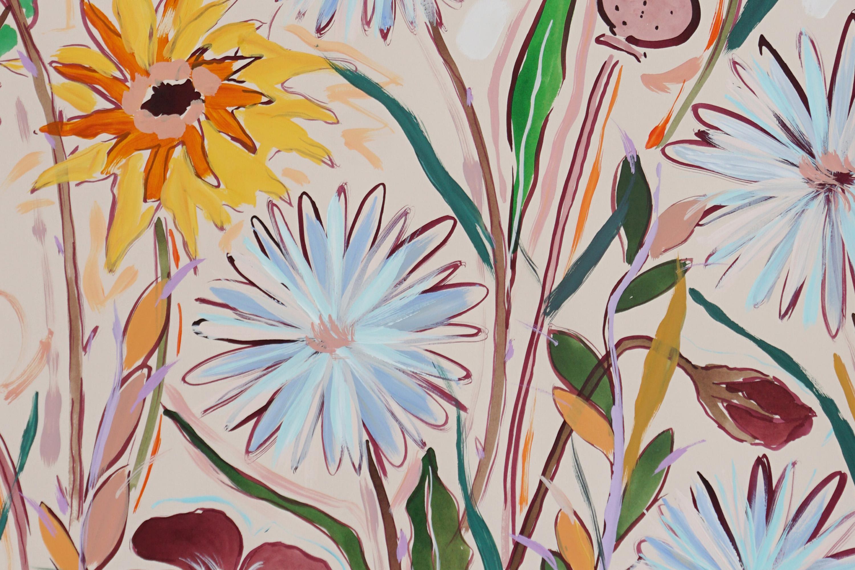 Yellow and Gray Dandelion Field, Large Triptych, Spring Wild Flowers 3