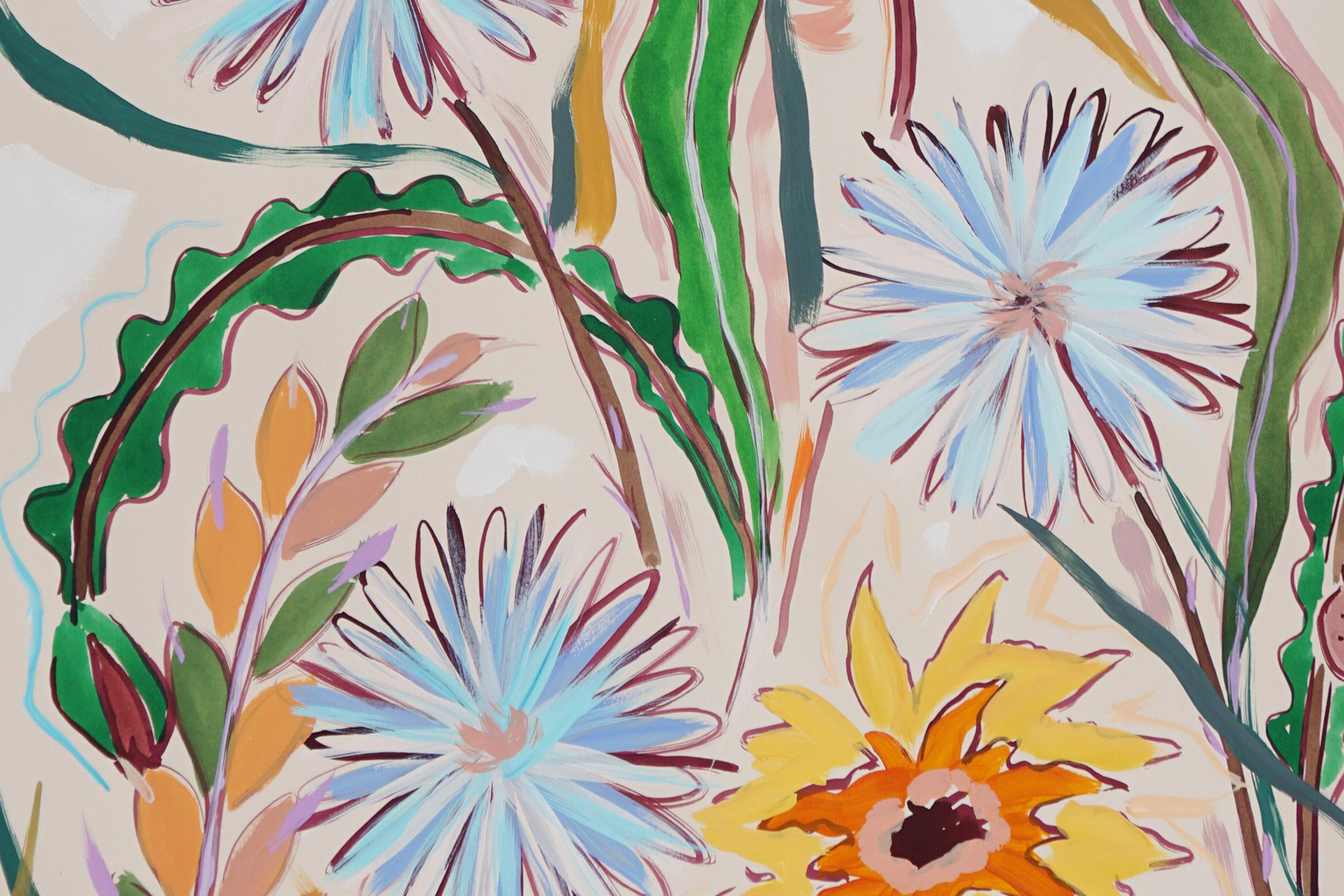 Yellow and Gray Dandelion Field, Large Triptych, Spring Wild Flowers 5