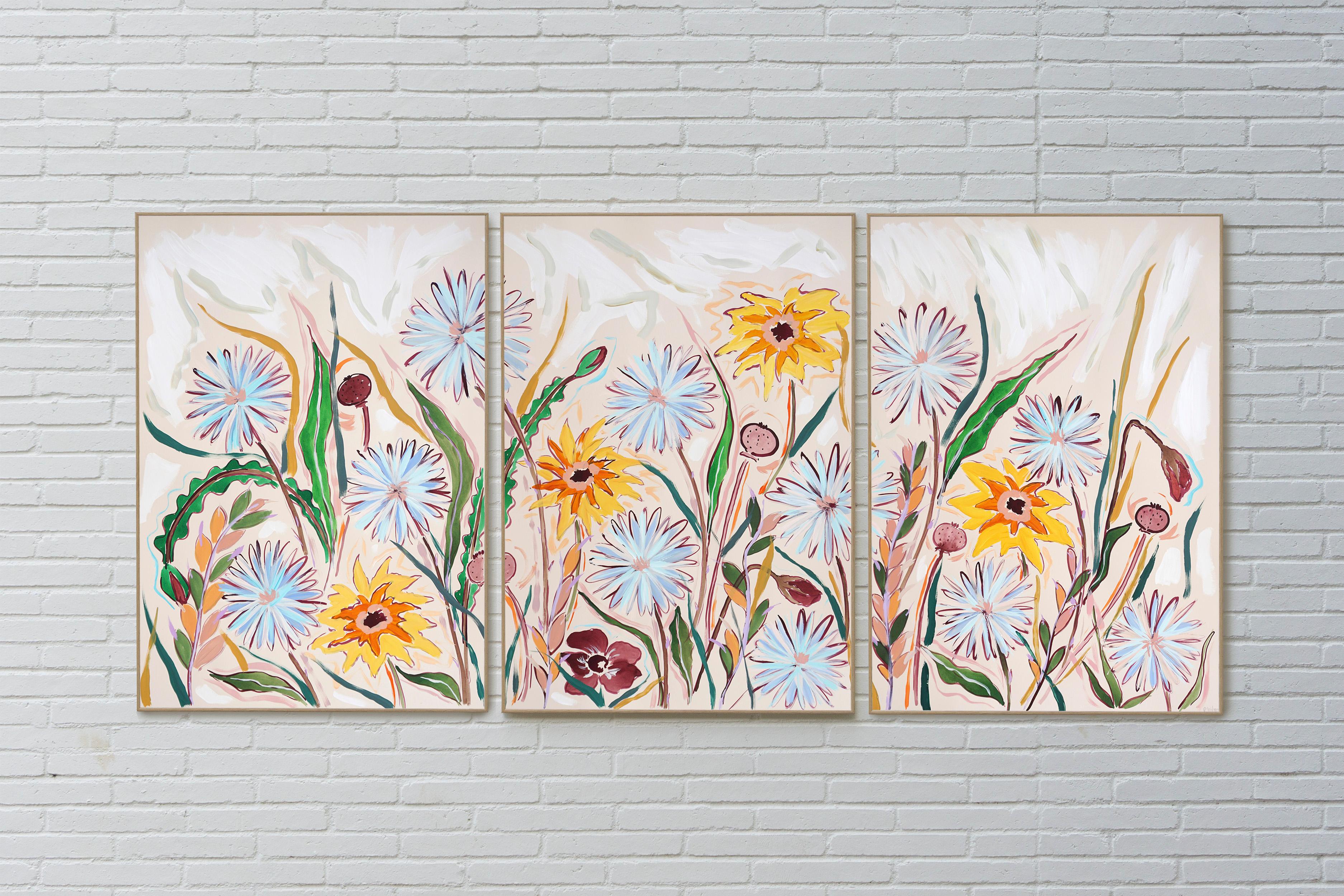 Yellow and Gray Dandelion Field, Large Triptych, Spring Wild Flowers - Painting by Romina Milano
