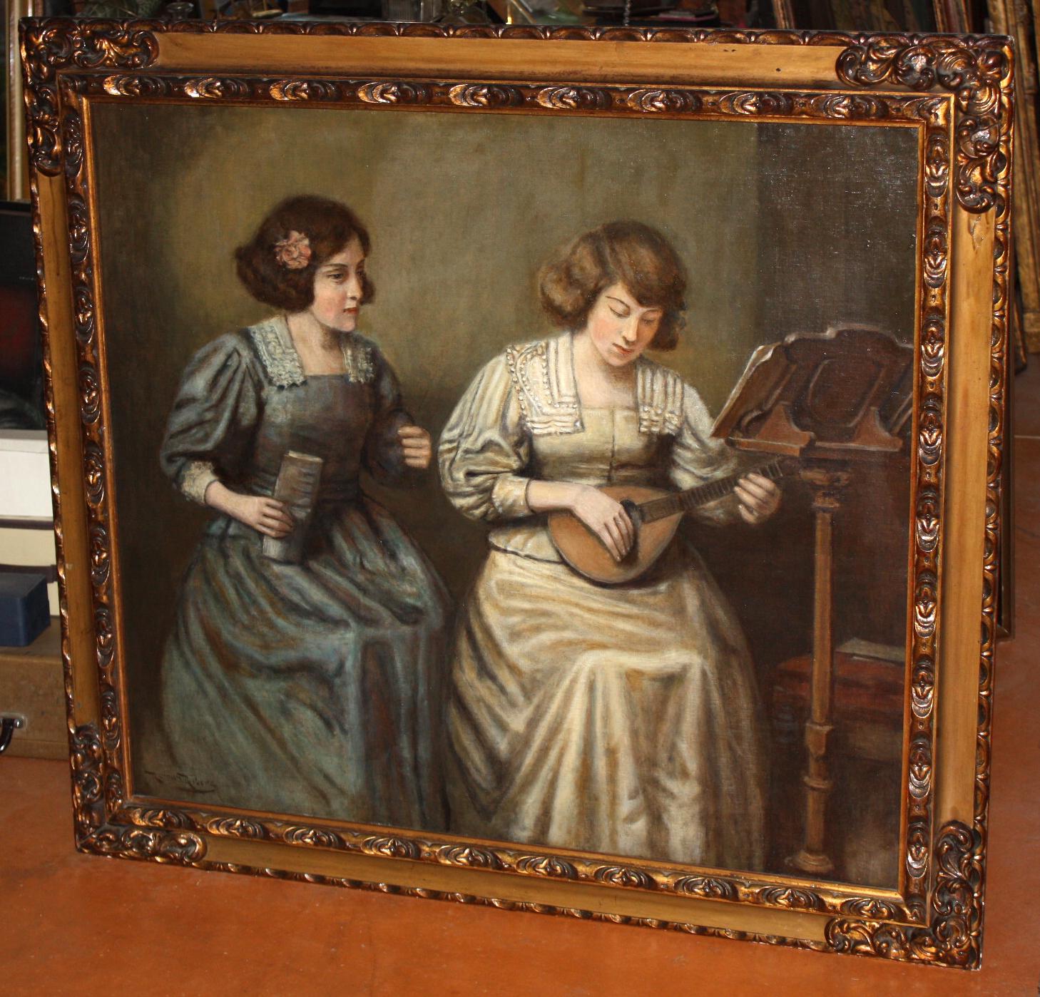 Oleo sobre tela - La profesora y la alumna - 90 x 100 cm. (Alte Meister), Painting, von  Román Ribera Cirera