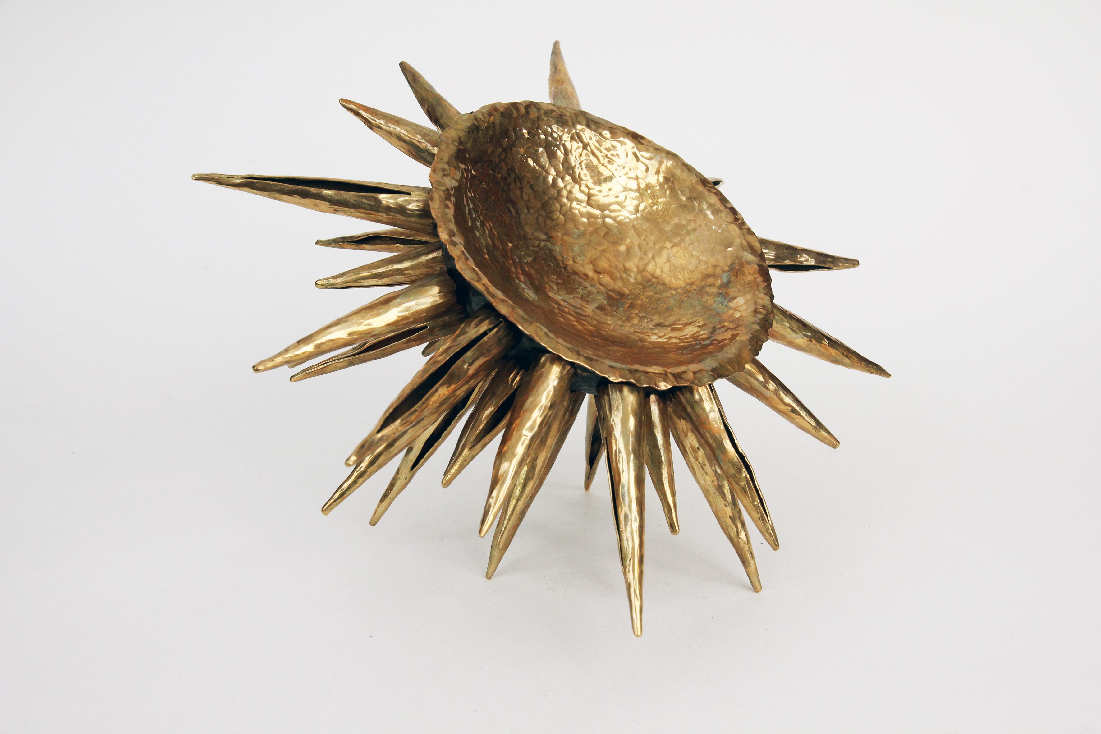 Inspired by the wonderful shapes of marine life, this sea urchin centerpiece is made from Tumbaga, an alloy of copper and zinc, each spike is hand hammered, cut and riveted in the ROMOHERRERA workshops in Taxco, Mexico.

This piece brings joy and