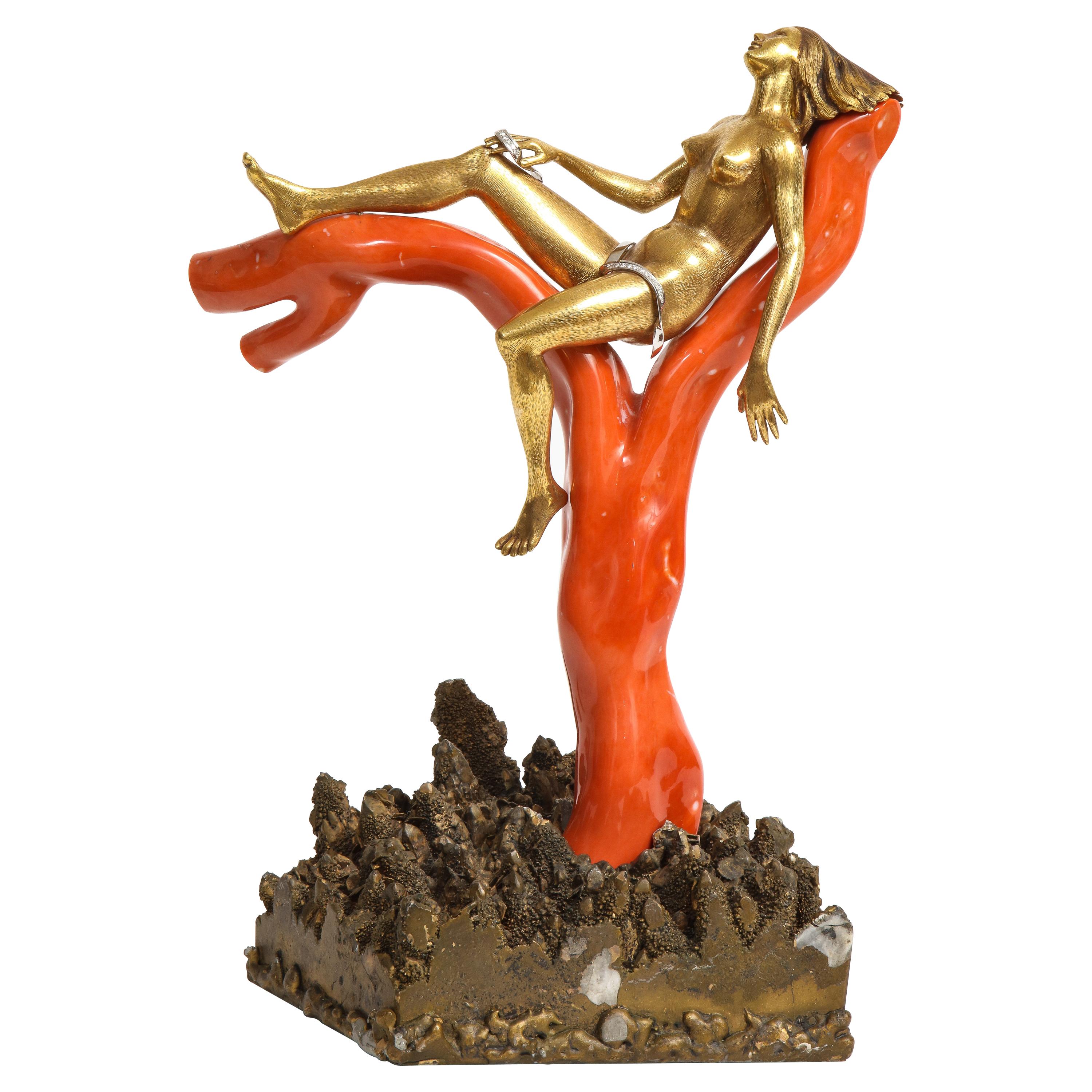 Romolo Grassi Gold Coral Resting Lady Object For Sale