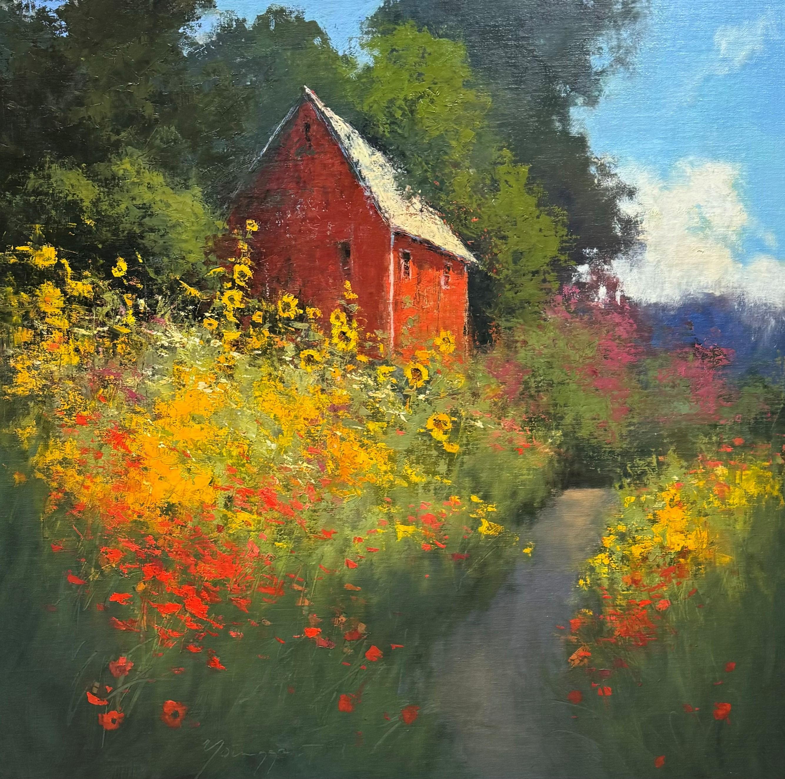 Romona Youngquist, Landscape Painting – „Barn und ein Sommerbouquet“