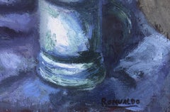 Nature morte florale méditerranéenne avec vase en céramique et draperie bleue huile sur toile