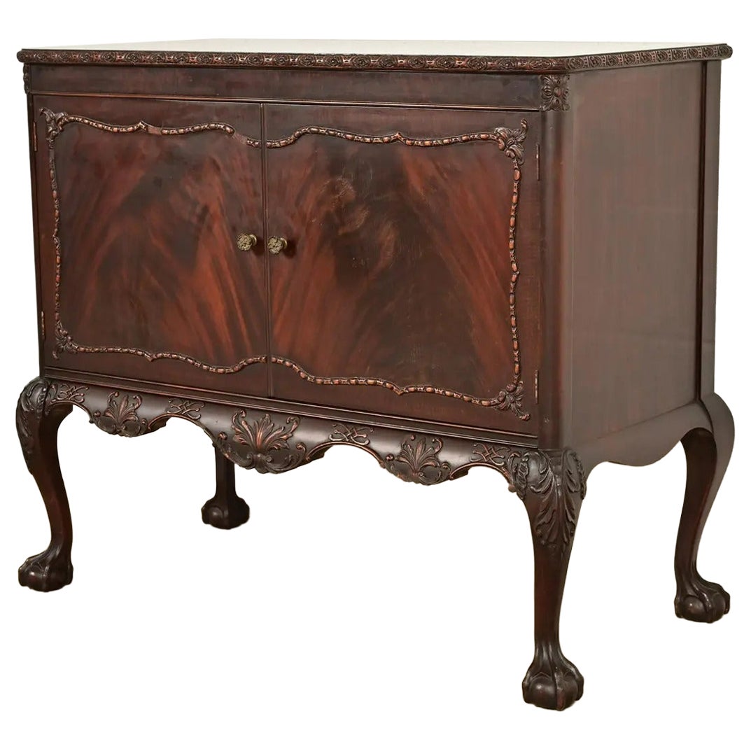 Romweber Antique Chippendale Carved Flame Mahogany Buffet Server or Bar Cabinet For Sale