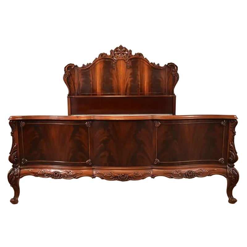 Romweber Antique French Provincial Louis XV Carved Flame Mahogany Full Size Bed For Sale