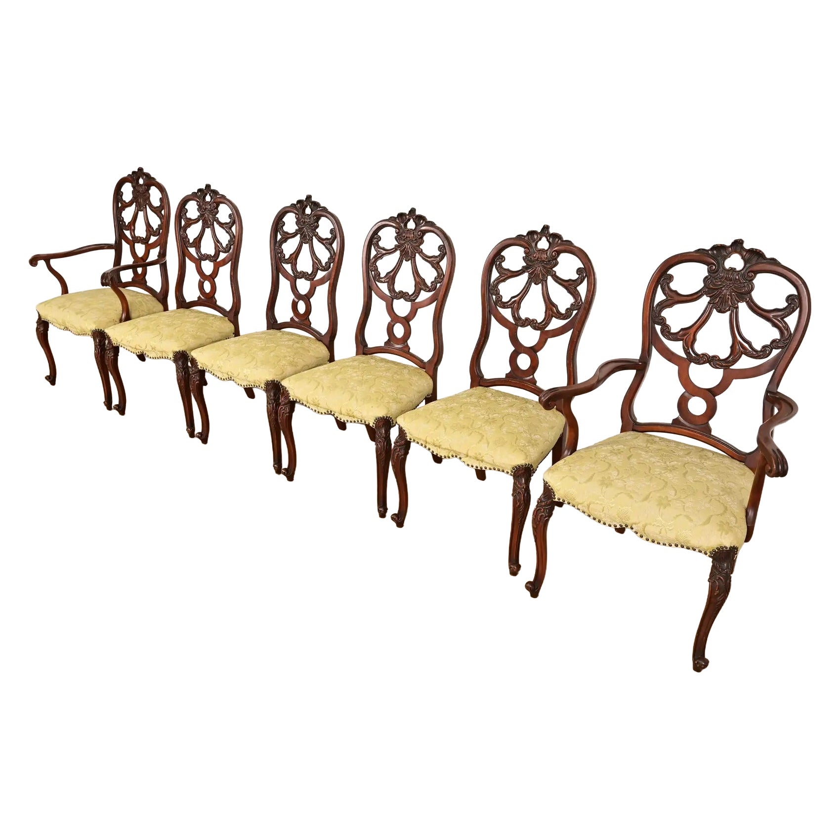 Romweber Antique French Provincial Louis XV Walnut Dining Chairs, Set of Six