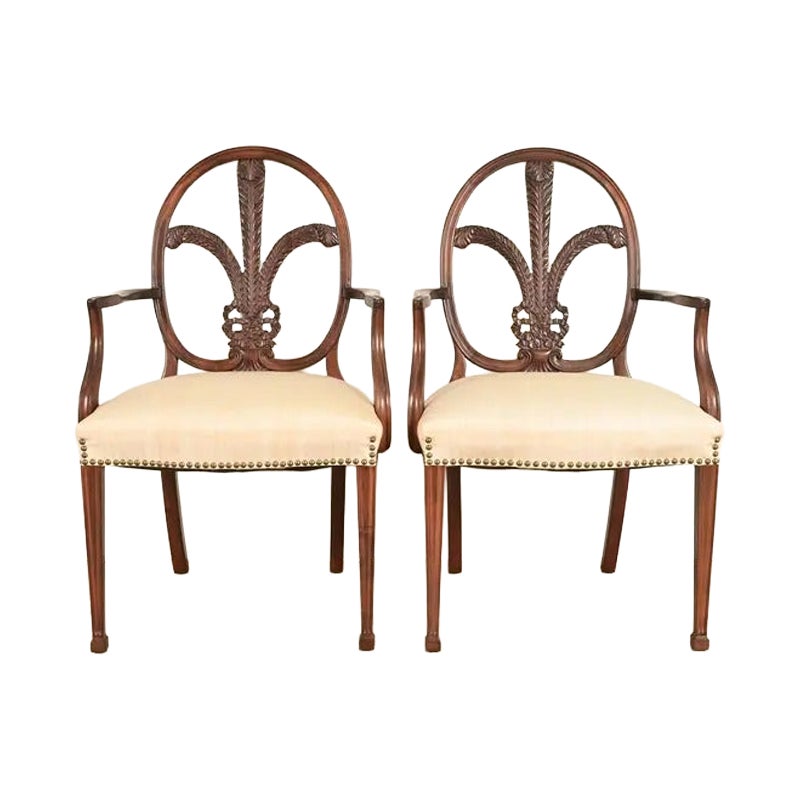 Romweber Antique French Regency Louis XVI Carved Mahogany Armchairs, Pair